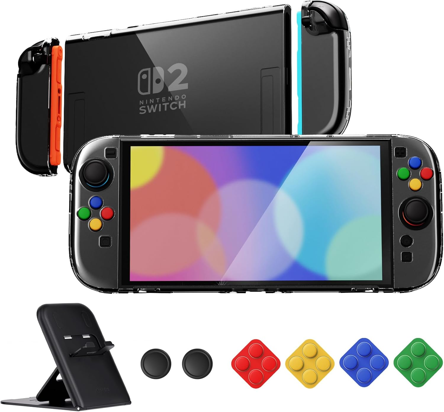 Playvital Clear Series Protective Case for Nintendo Switch 2, Anti-Scratches Hard Shell Dockable Grip Cover with Extra Foldable Stand & Thumb Grips for Nintendo Switch 2 - Clear Atomic Purple Rose