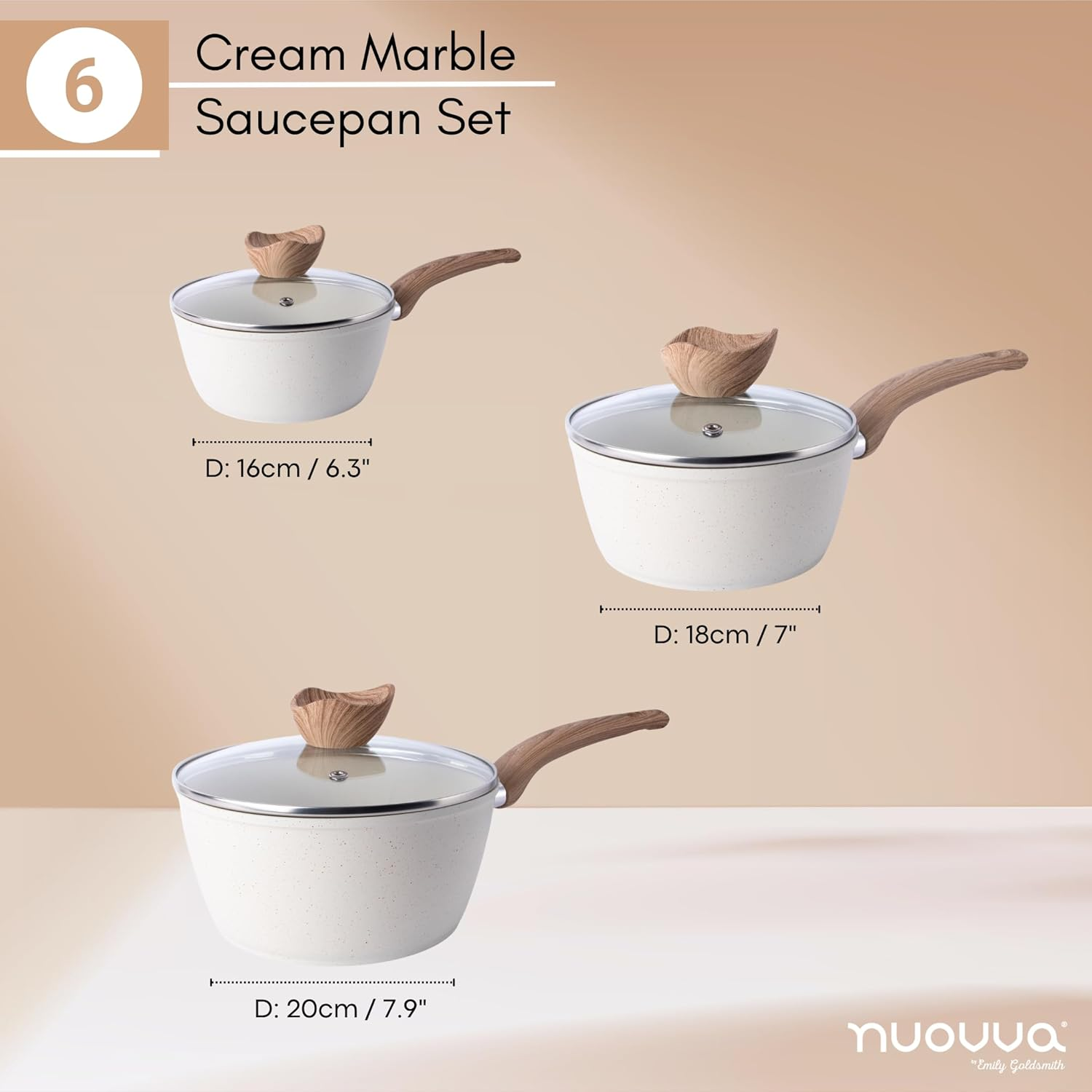 Non Stick Saucepan Set &ndash; Induction Saucepan with Lid &ndash; 3Pcs Cream Granite Sauce Pan &ndash; 16Cm, 18Cm, 20Cm Saucepot Set &ndash; by Nuovva image number 4