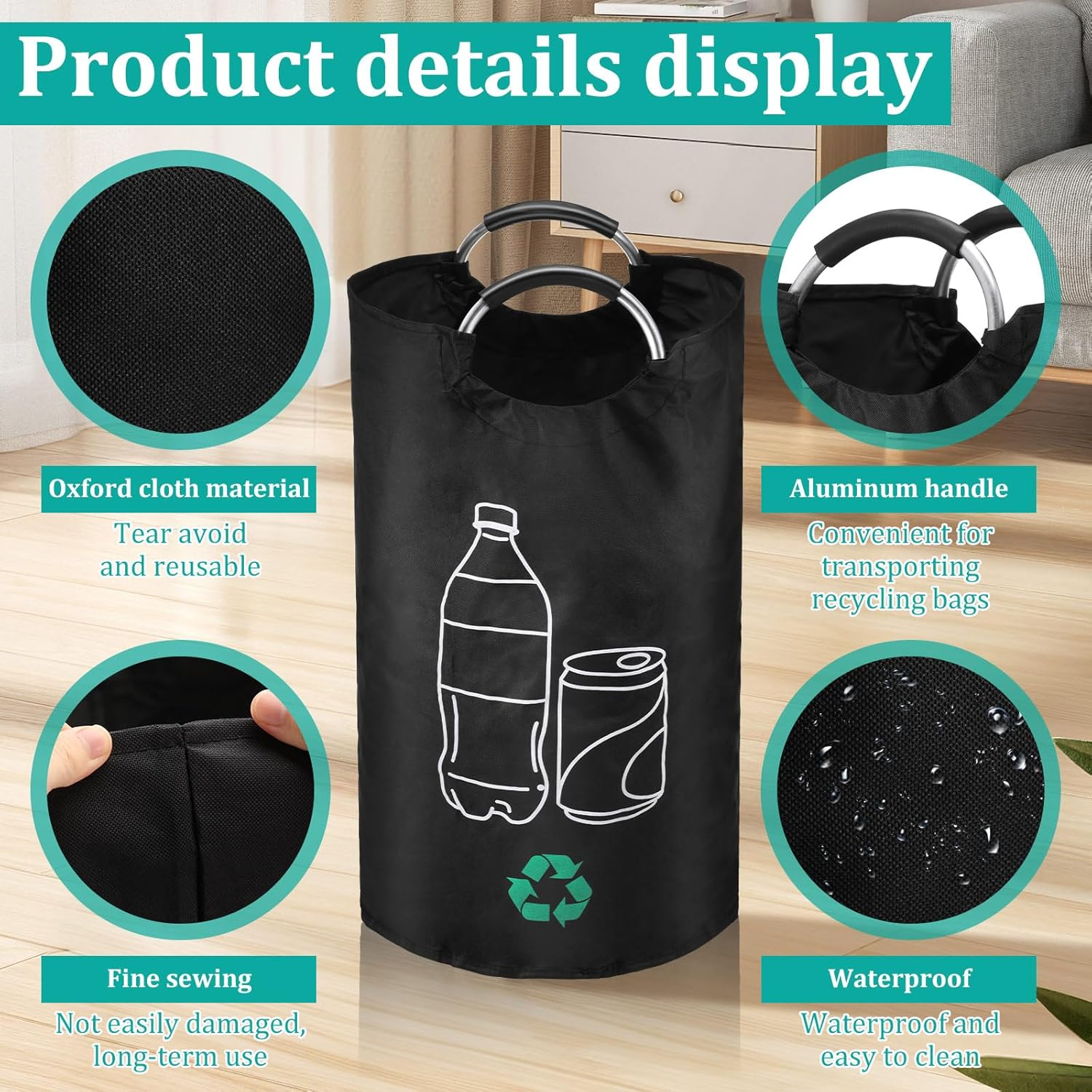 Recycling Waste Bin Reusable Recycle Bin 82L Deposit Bottle Collection Container with Aluminum Handles Waterproof Foldable Deposit Bottle Storage for Kitchen Home Office Outdoor Use(Black-1-82L) - Black-2-82L image number 2