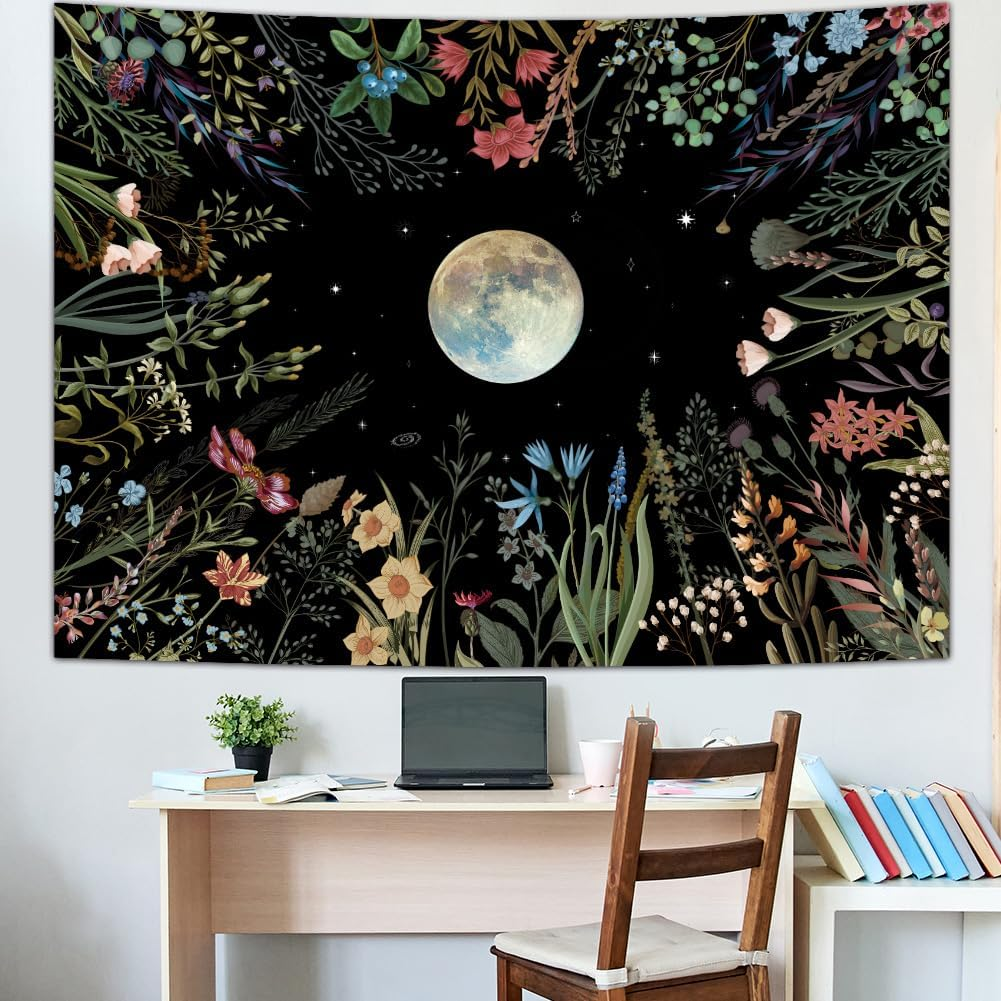 Moonlit Garden Tapestry Boho Moon Tapestry Floral Flower Tapestries Colorful Plants Tapestries Black Wall Hanging Decor for Home image number 2