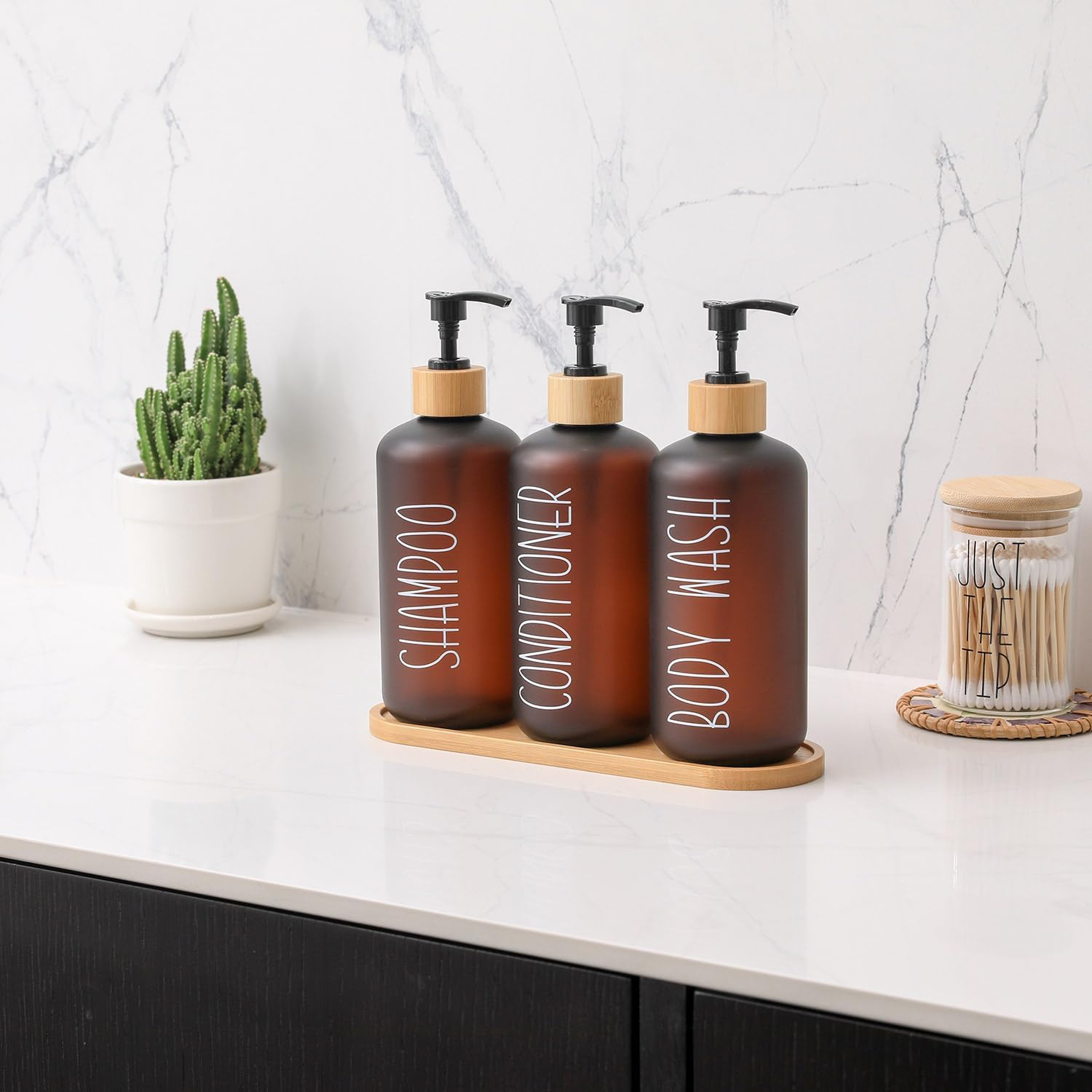 MOMEEMO Amber Shower Dispenser Set, Contains 3 Extra-Thick PET Plastic Bottles with Bamboo Pumps, Shampoo and Conditioner Dispenser for Shower Perfect for Modern Bathroom Decor. (Amber) image number 2