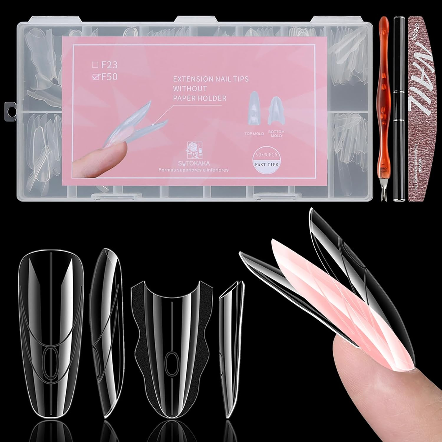 SUTOKAKA 180Pcs Sandwich Polygel Nail Form Kit 15 Sizes Reusable Coffin Nail Extension Mold Builder Gel Dual Forms with Tools for Beginners, No Paper Forms Needed