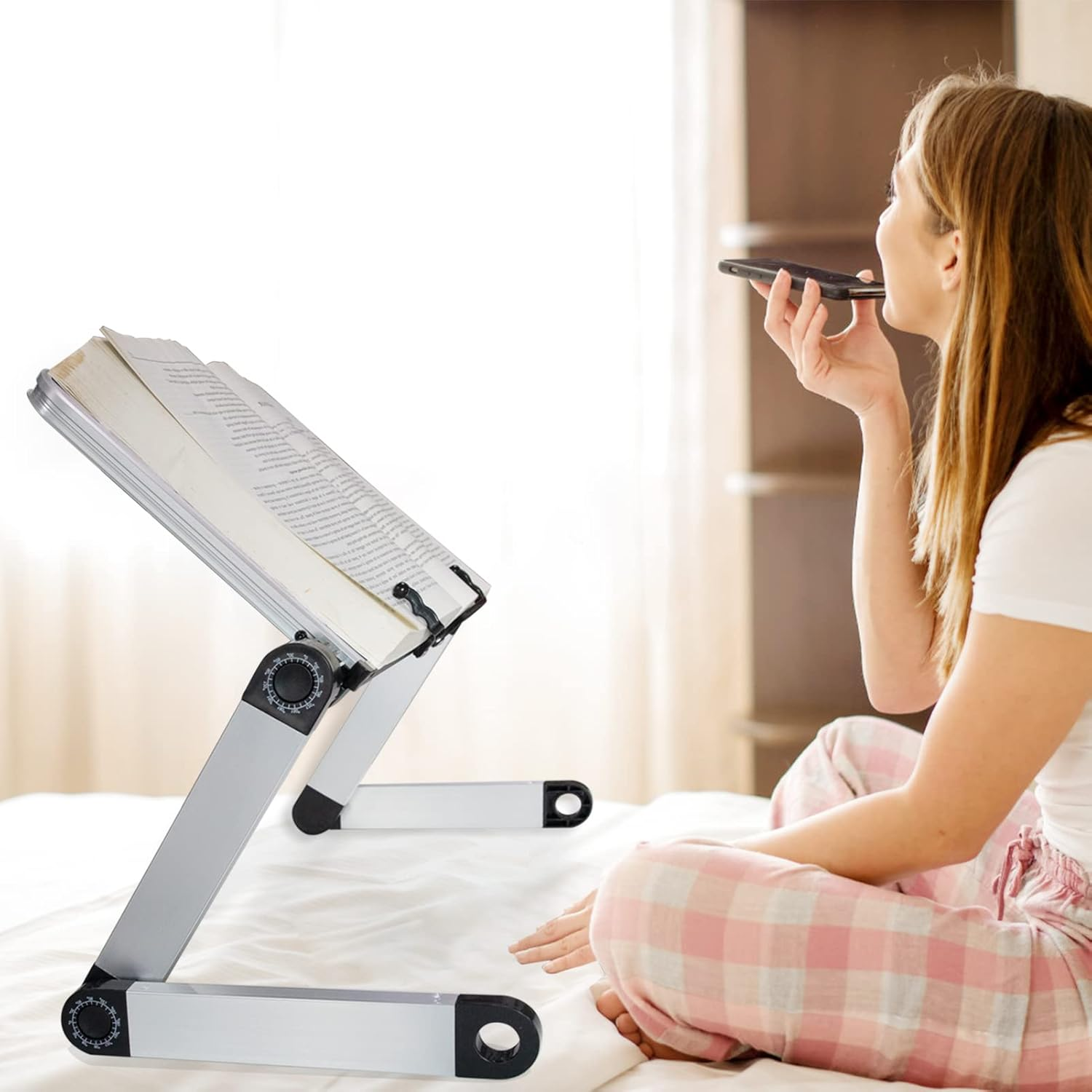 Adjustable Book Stand, Height and Angle Adjustable Ergonomic Book Holder with Page Paper Clips for Big Heavy Textbooks Music Books Tablet Cook Recipe Durable Lightweight Aluminum Book Holder Foldable - Black image number 2