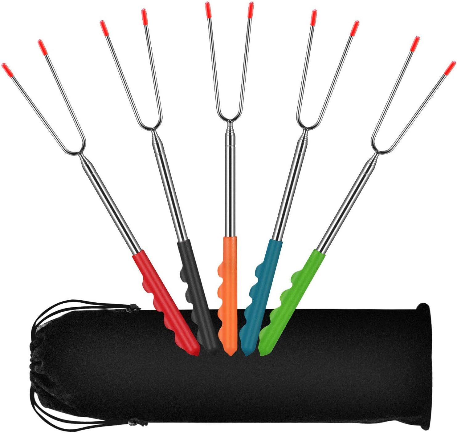 Barbecue Fork Extendible Stainless Steel Wooden Handle Long Campfire Telescopic Extendable Kebab Skewers Meat Fork for Grilling, Campfire and Camping(2 Pack) image number 6