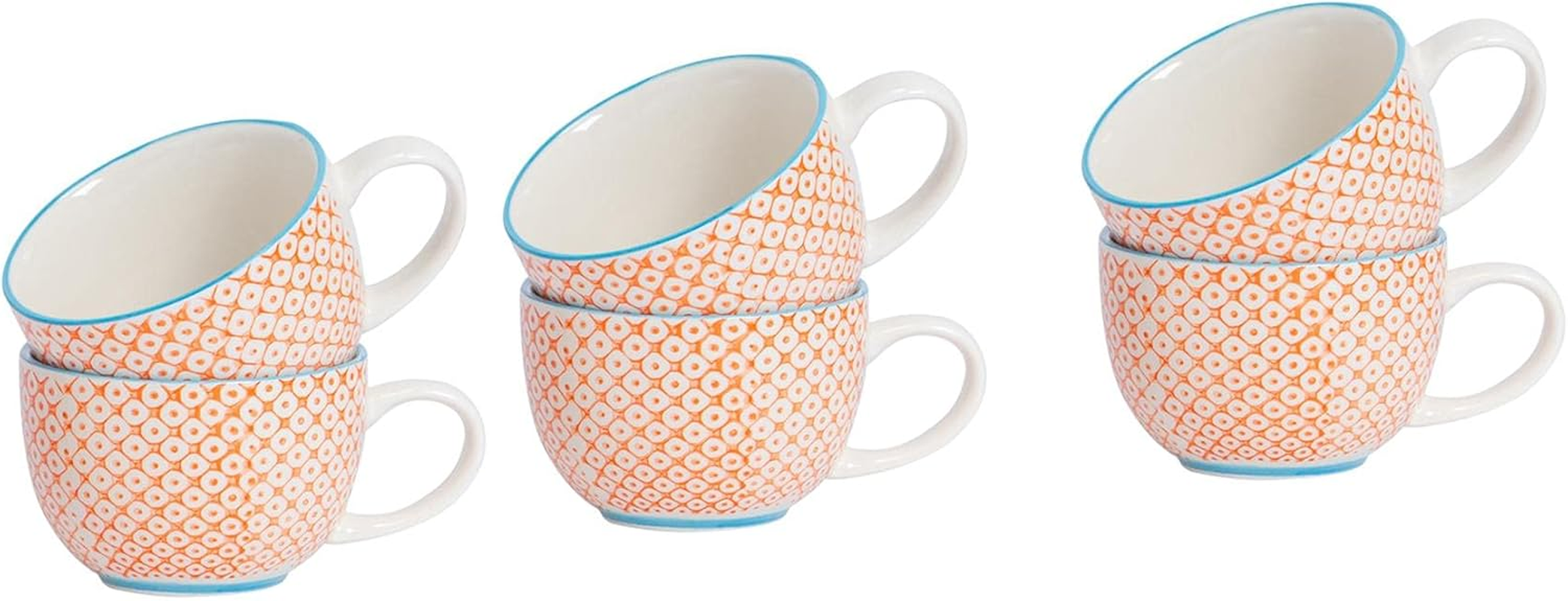 Nicola Spring Cappuccino Cups Set - 250Ml - Pack of 6 - Orange Hand Printed Tea Cup Coffee Cappuccino Mugs Latte Drinking Mug Tea Saucer Plates for Breakfast, Lunch, Brunch
