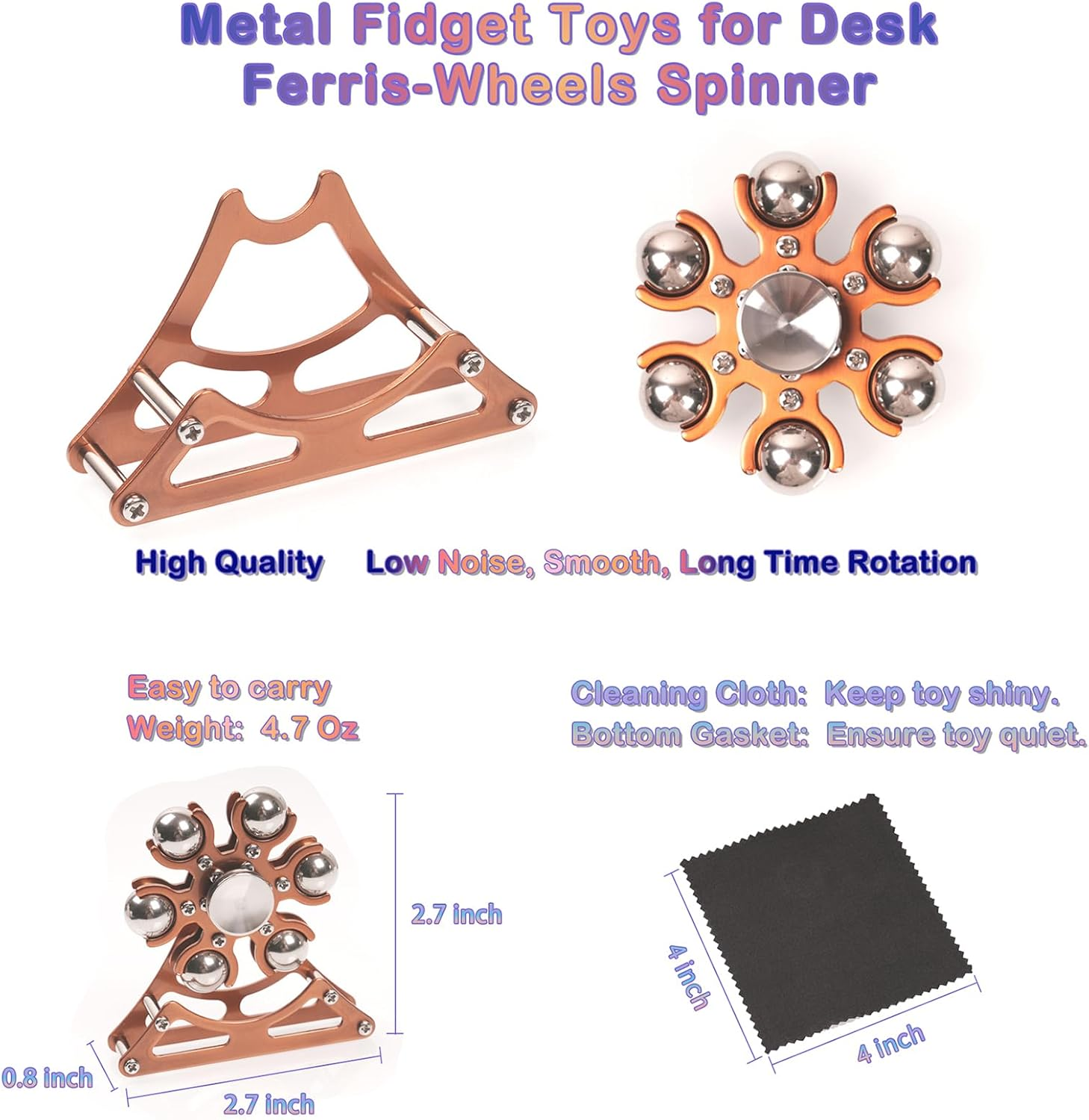 Fidget Toys for Desk Ferris-Wheel Spinner: Metal Kinetic-Spinner 4Mins, Cool-Gadgets for Kid Children Teen Adult Edc-Toy, ADHD Tools Cool Stuff Stress Relief for Office Christmas - Rose-Gold image number 2
