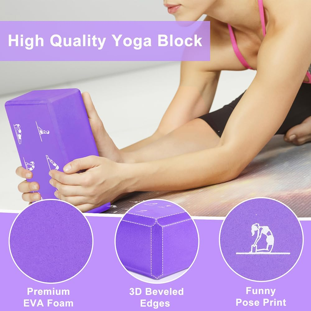 2 Yoga Block and Yoga Strap Set, FHDUSRYO High Density EVA Foam Blocks, Non-Slip Yoga Bricks with 6Ft Strap, Supportive Latex-Free Yoga Block Kit to Improve Balance and Flexibility image number 3