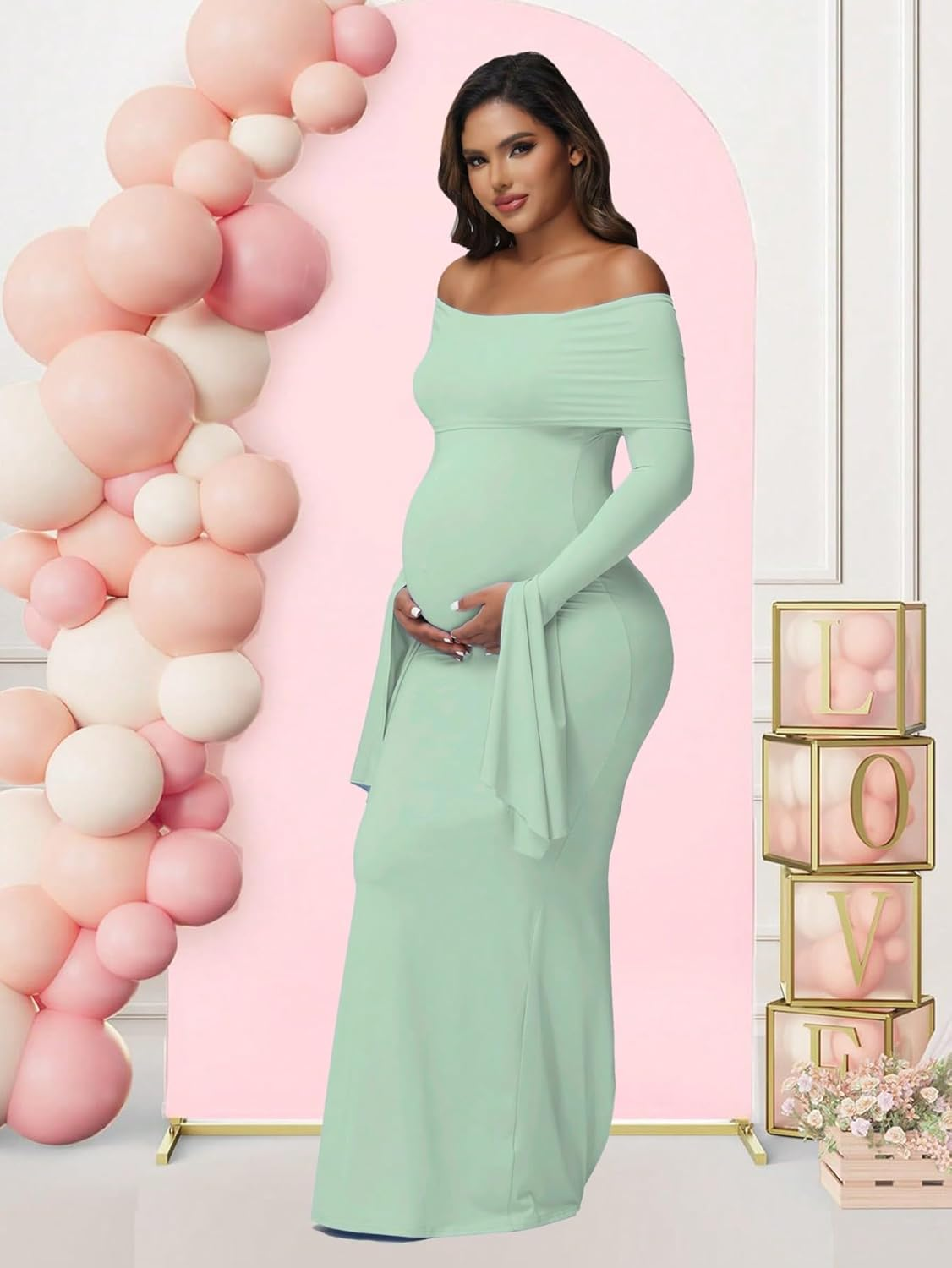 Justvh Women'S Maternity Long Sleeve off Shoulder Pregnancy Photography Dress for Baby Shower Photoshoot Party image number 1
