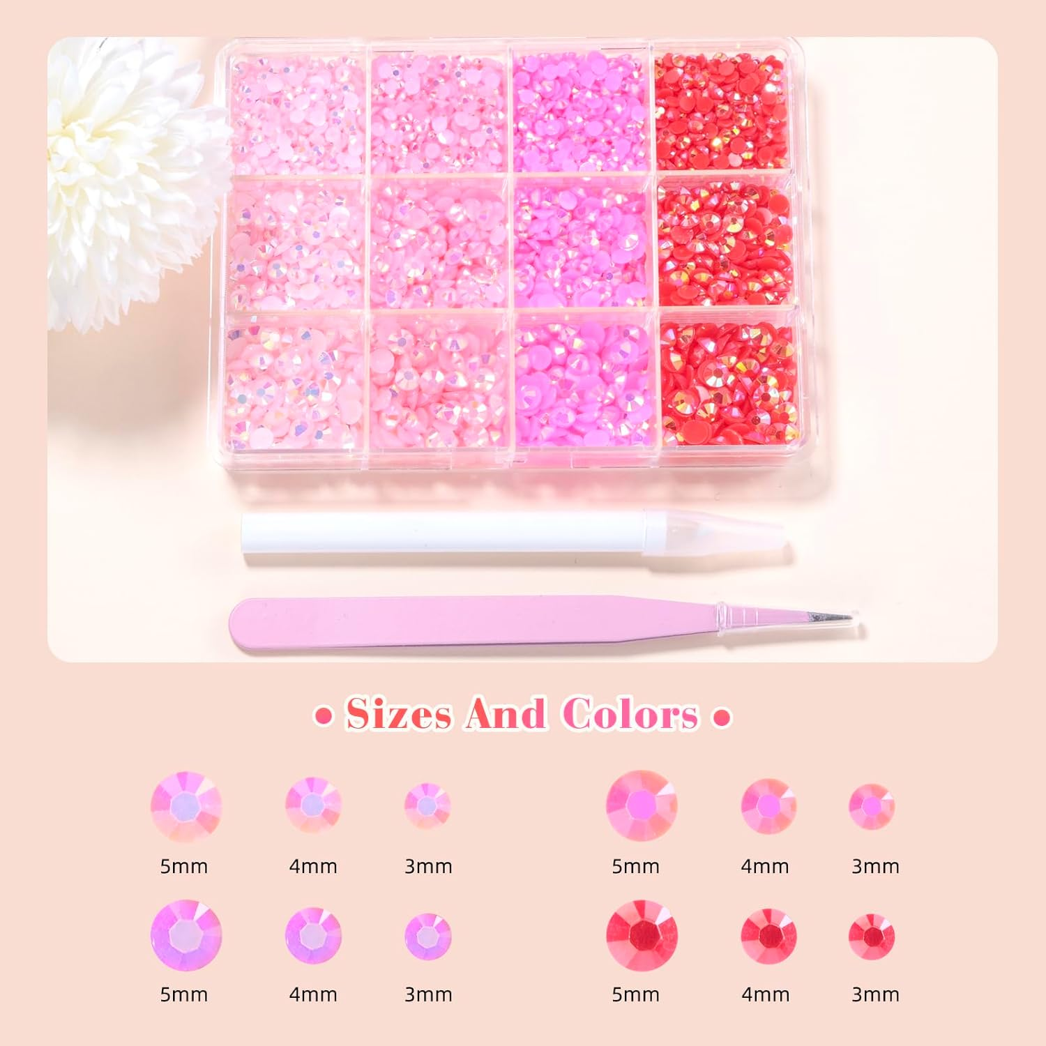 Cynailli Pink Color Jelly Resin Rhinestones, 3D Round, 3 Size, 12 Pieces, Acrylic, Craft Bead, Bedazzled Gems for Nails DIY Clothes Face Makeup DIY Jewelry with Tweezer Pen - Color-S4 image number 3