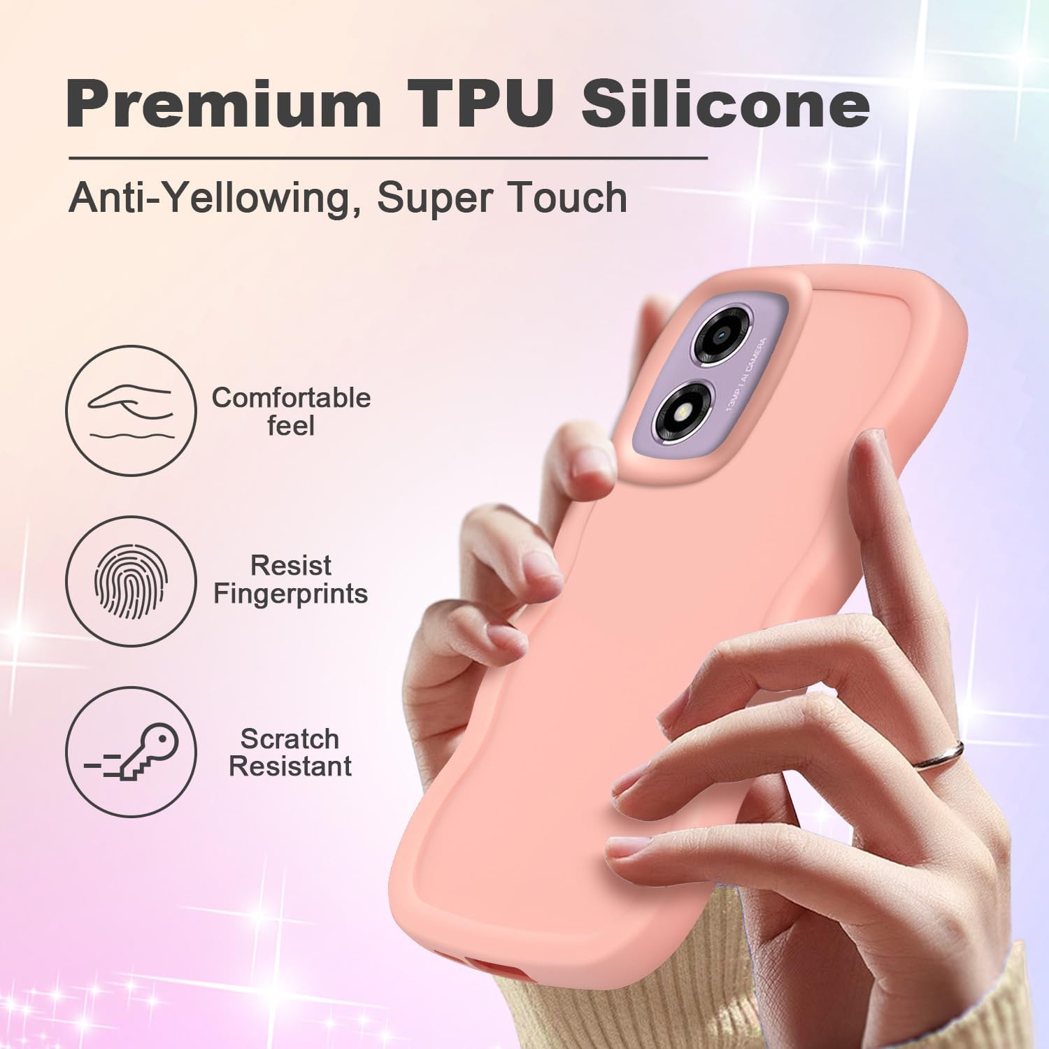 XINYEXIN Liquid Silicone Case for Motorola Moto E14 / Moto G24 / Moto G04, Wave Frame Curly Shape Cute Protective Case Soft Shockproof Bumper Cover - Pink - Black image number 2