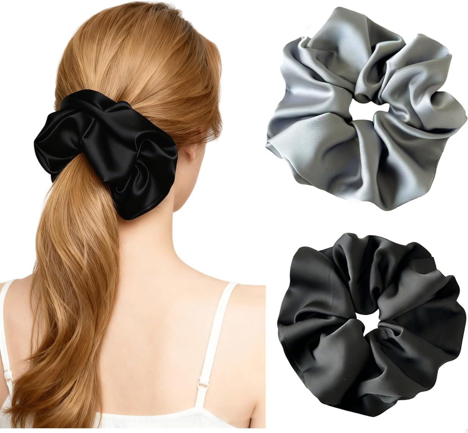Jumbo Satin Scrunchies for Women, 2-Pack No-Damage Silk Scrunchies, Large Oversized Gentle Hair Ties That Reduce Breakage & Frizz, for Thick Hair Ponytail & Bun-Black and Beige