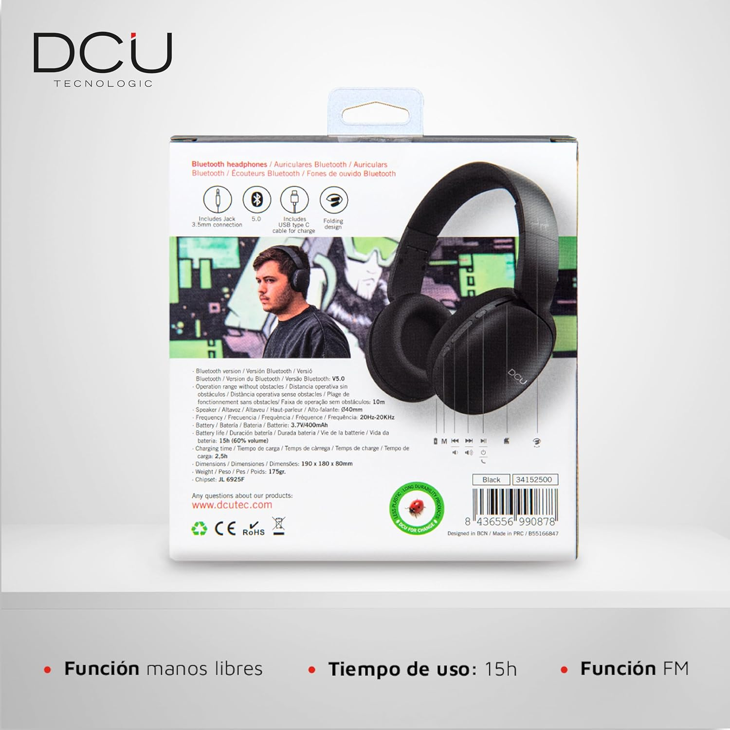 DCU TECNOLOGIC | Bluetooth Headphones, Foldable Headphones, Wireless and Wired, Multifunction, 8 Hour Use, Cable Socket, Black image number 5