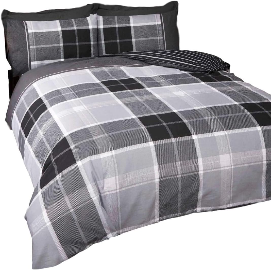 Rapport Finest Homewares Argyle Tartan King Quilt Duvet Cover and 2 Pillowcase, Grey