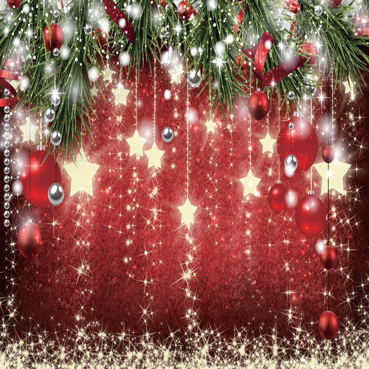 SJOLOON Christmas Backdrops Red Ball Theme Background Shining Stars Background New Year Backdrop for Christmas Party Decoration Banner Photo Shoot 12364 (10X8Ft) image number 4