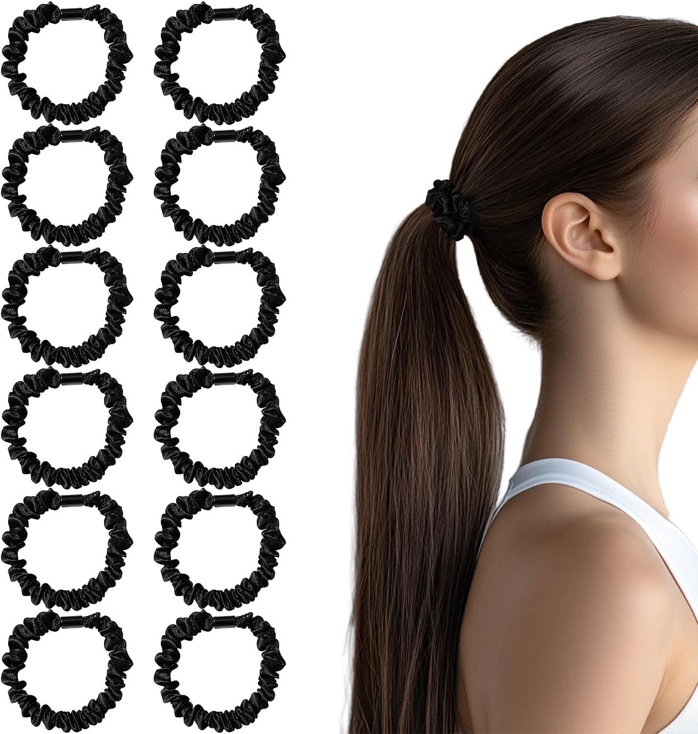 12 Pcs Satin Scrunchies | Satin Hair Ties | Elastic Hair Bands | Hair Bobbles | Hair Scrunchies for Women | Hair Ties No Damage | Black Hair Bands | Bobbles for Thick Hair image number 3