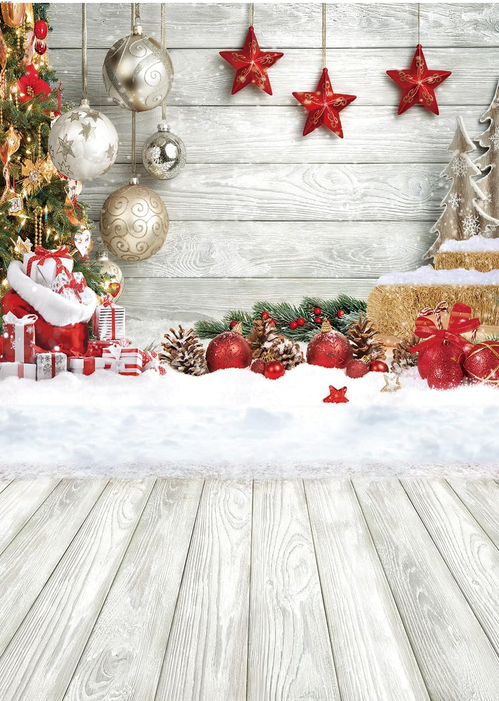 CHAIYA 6X8FT Christmas Backdrop White Wood Floor Photography Backdrop Winter Snow Xmas Tree Gift Family Party Background New Year Party Decoration Backdrop image number 1