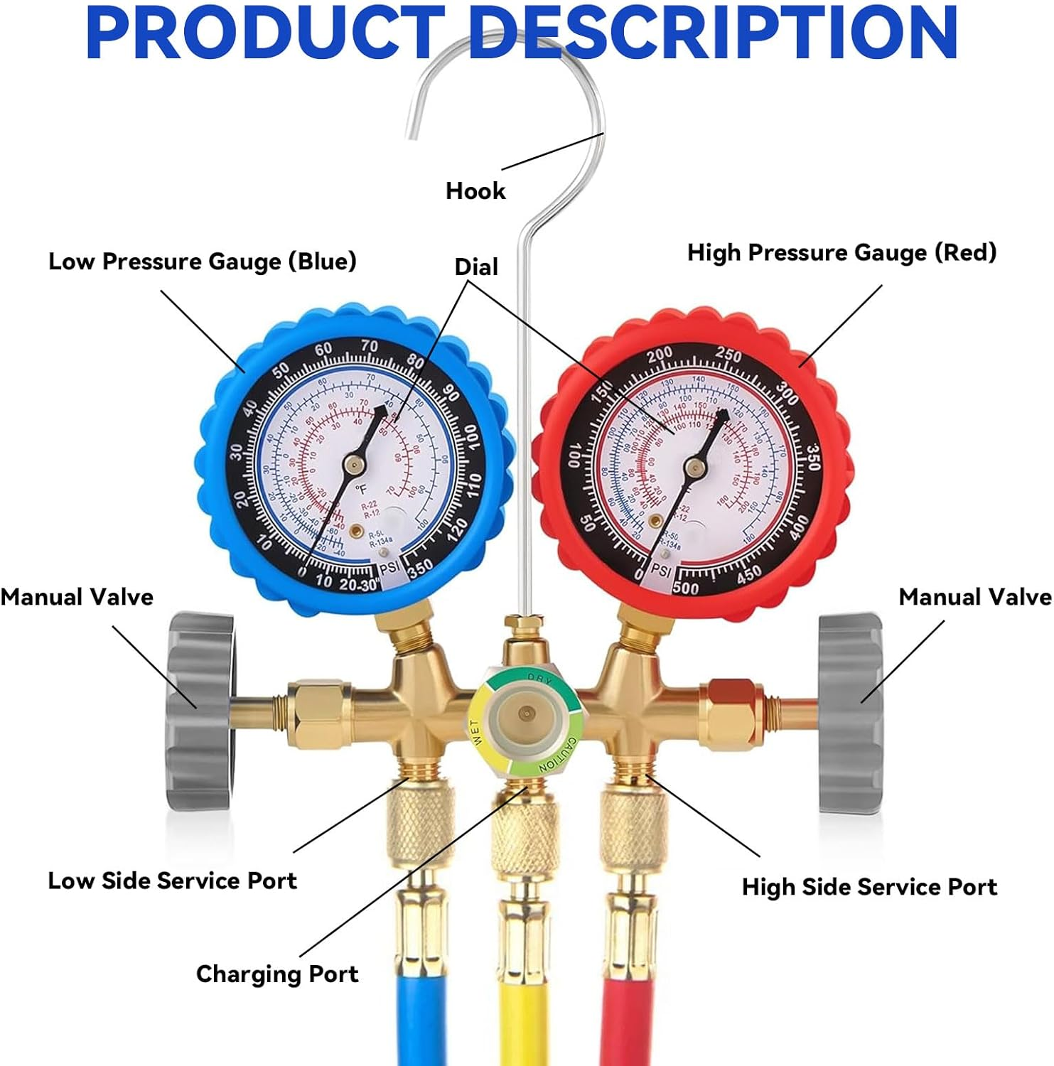 AC Manifold Gauge Set for R134A R12 R22 R502, 3 Way Refrigerant Diagnostic Kit with 1.2M Hose, Quick Couplers, Puncturing Can Tap, 1/4" to 1/2" Adapter for Car and Home HVAC Recharge and Maintenance image number 3