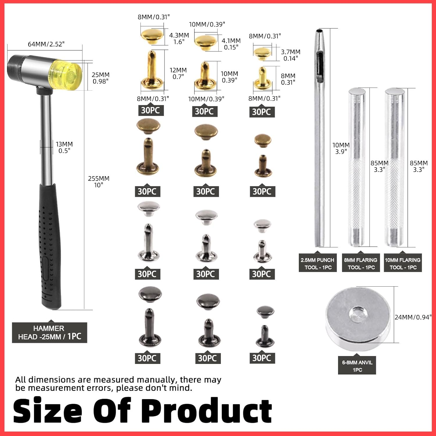Tanstic 365Pcs Leather Rivets Kit, 3 Sizes 4 Colors Double Cap Rivets Flat Tubular Metal Studs with Rubber Hammer and Setting Tool Kit for Leather Craft Repair Decoration(Silver/Gun Black/Bronze/Gold) - C Kit image number 3