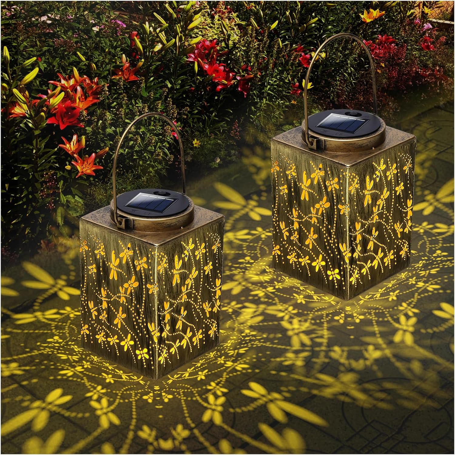 2 Pack Solar Lanterns - Waterproof Metal Hanging Solar Lights Outdoor Decorative, Solar Powered LED Lantern Lamp for Patio Balcony Tabletop Porch Deck Yard Garden Decor for outside (Square Dragonfly) image number 5