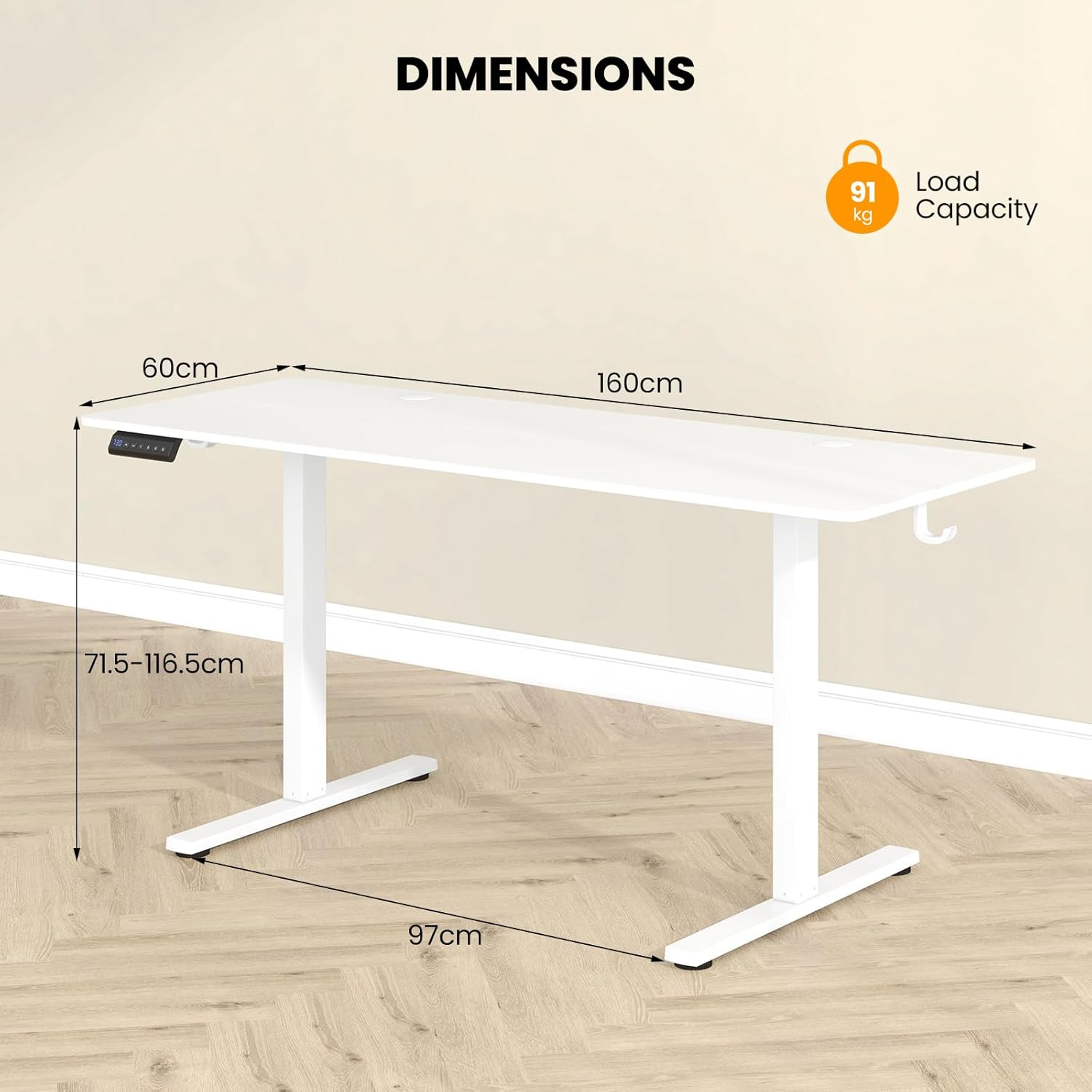Giantex Electric Standing Desk, 160 X 60 Cm Large Sit Stand Desk W/ 3 Memory Heights, Height Adjustable Computer Desk W/ 2 Hanging Hooks & Cable Holes, Anti-Collision Design, for Home Office (White) - White image number 6