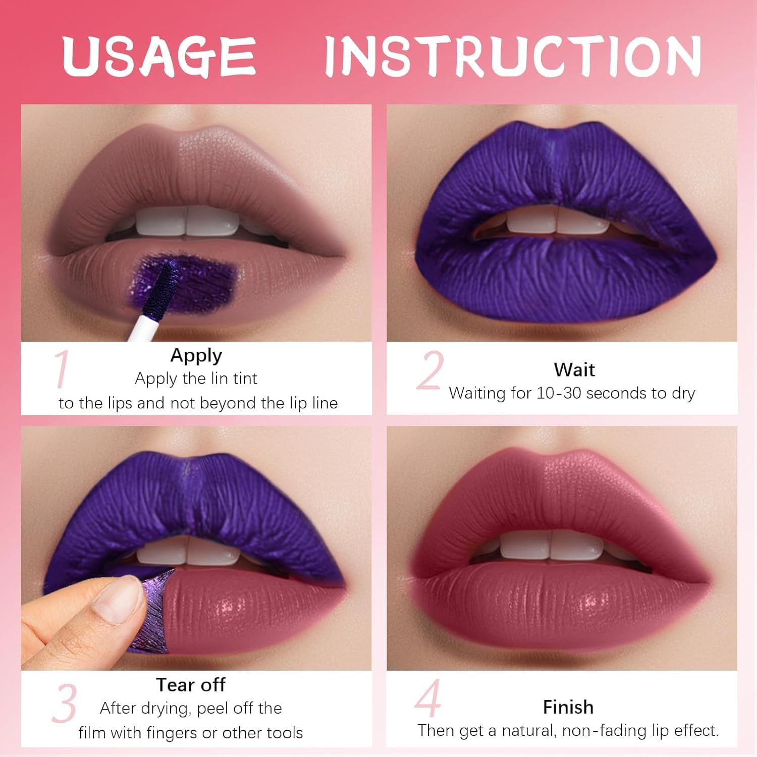 Peel-Off Lip Tint Set - Tattoo Stain Kit, Long-Lasting Matte Finish, Moisturizing Peel-Off Lip Mask, Waterproof & Smudge-Proof, 24H Color Hold (#3 Hot Pink, 2.5Ml) - 3 Hot Pink image number 2