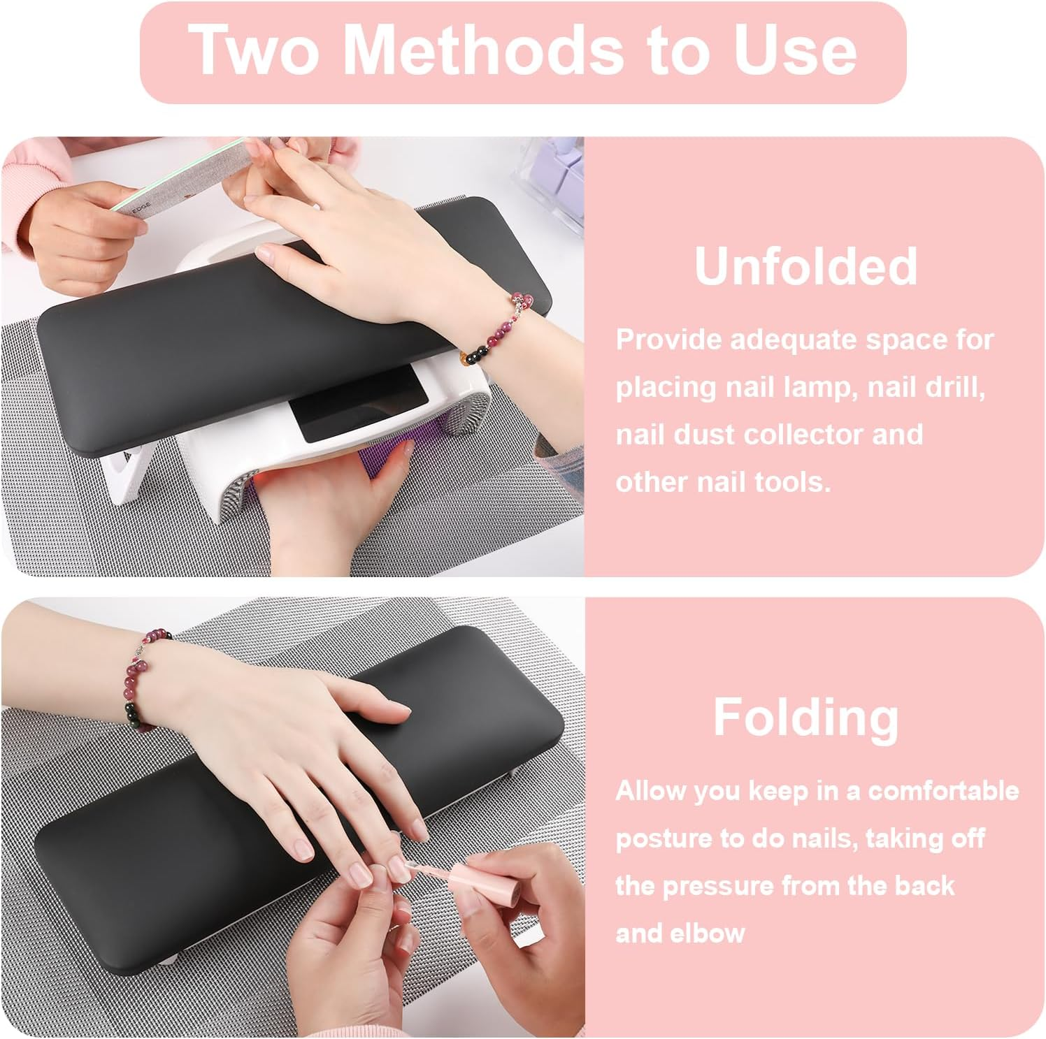 ANGNYA Nail Arm Rest for Nail Tech, Foldable Hand Stand for Nail Tech with PVC Table Mat Microfiber Leather Nail Arm Rest with Bracket Manicure Arm Rest for Nail Salon Technician (Black) image number 4