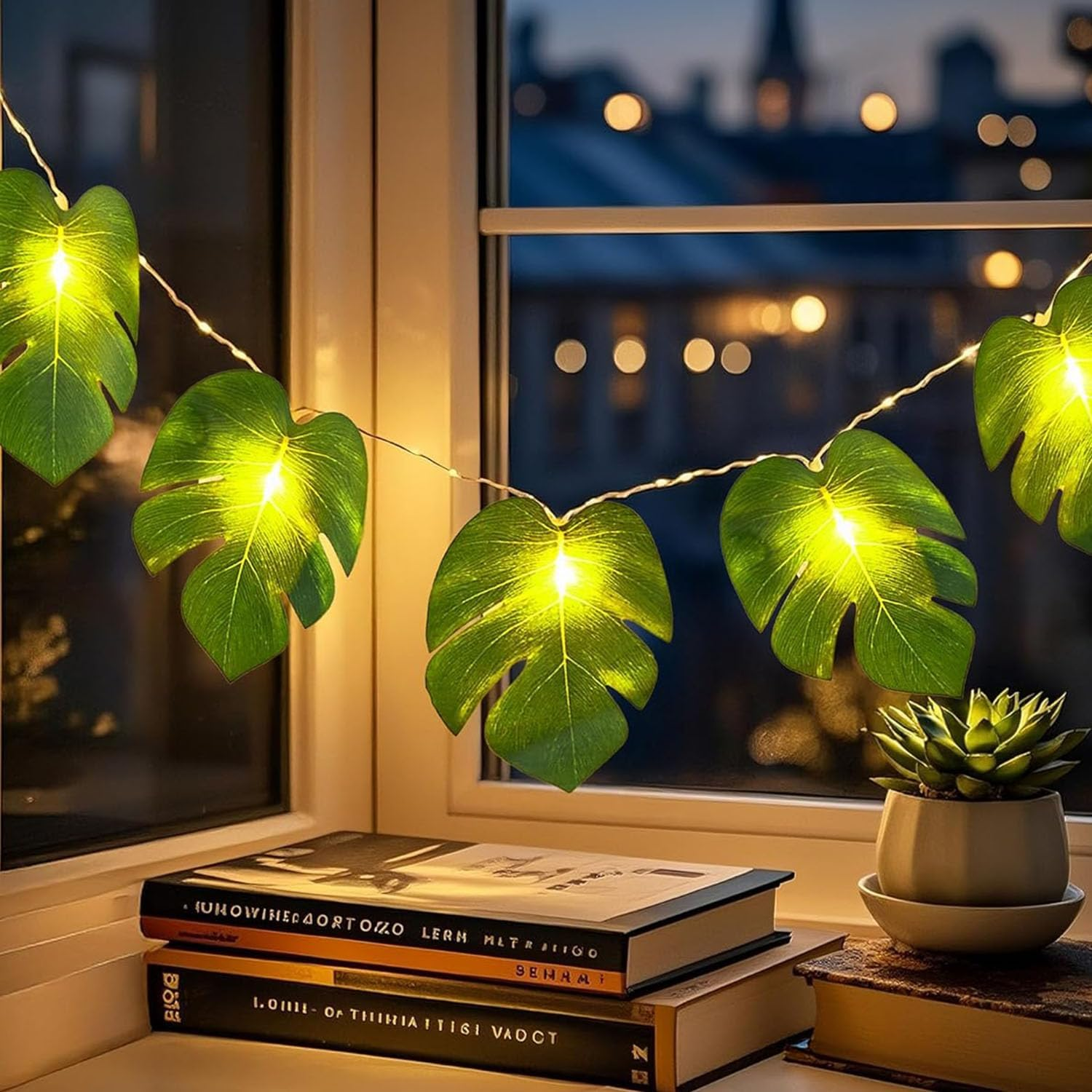 Foanlerck Fairy Lights Palm Leaves 1.5 M 10 LED Monstera Leaf Fairy Lights Battery Operated Tropical Artificial Rattan Palm Leaves for Room Beach Party Decoration image number 6