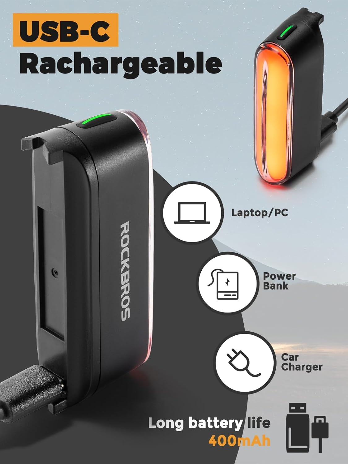 ROCKBROS Bike Tail Light Magnetic Induction USB-C Rechargeable LED Rear Bicycle Light, IPX6 Waterproof,7 Light Mode Options Cycling Safety Flashlight Accessories for Road Mountain image number 5