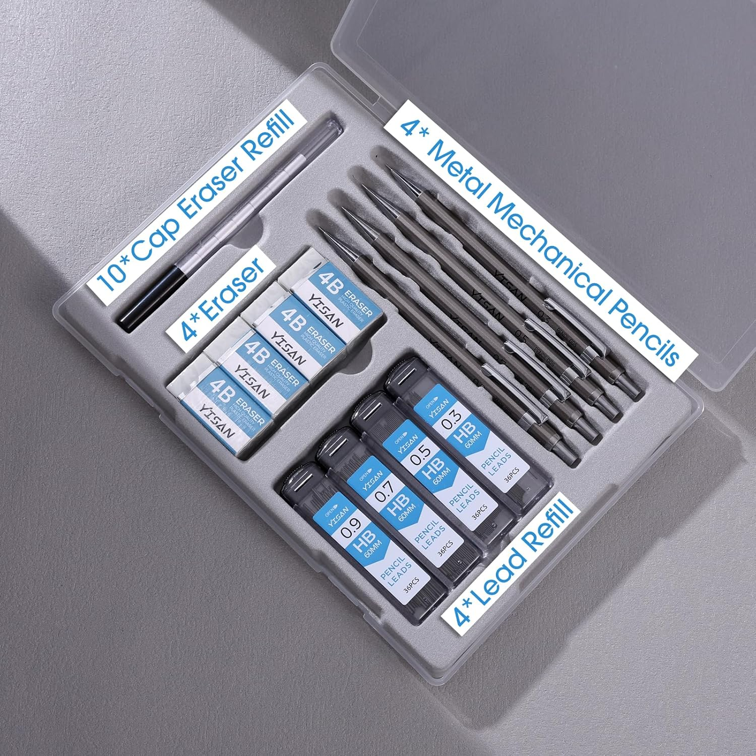 YISAN Metal Mechanical Pencil Set 0.3 & 0.5 & 0.7 & 0.9Mm,Automatic Pencil,Lead Pencils 4 PCS with Erases and HB Lead Refills for School Writing,Skeching,Drawing,70726 image number 2