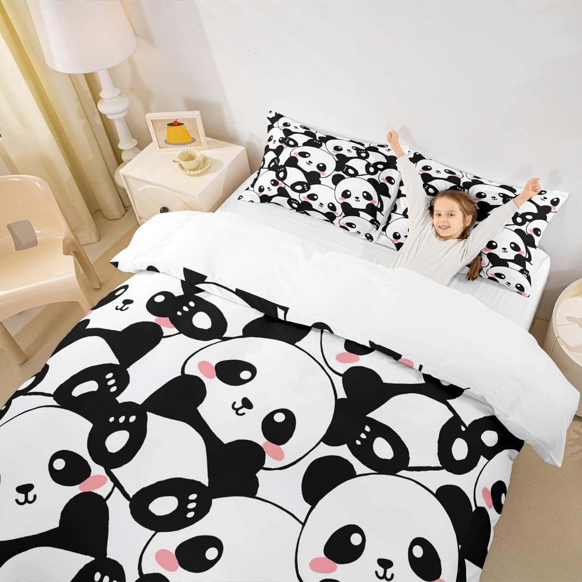 Erosebridal Kid Duvet Cover Twin, Cute Panda Bedding Set for Bedroom Decor, Kawaii Black White Bear Comforter Cover, Giant Panda Bedding Comforter Set, Cartoon Bedding Set for Childern Boys Girls