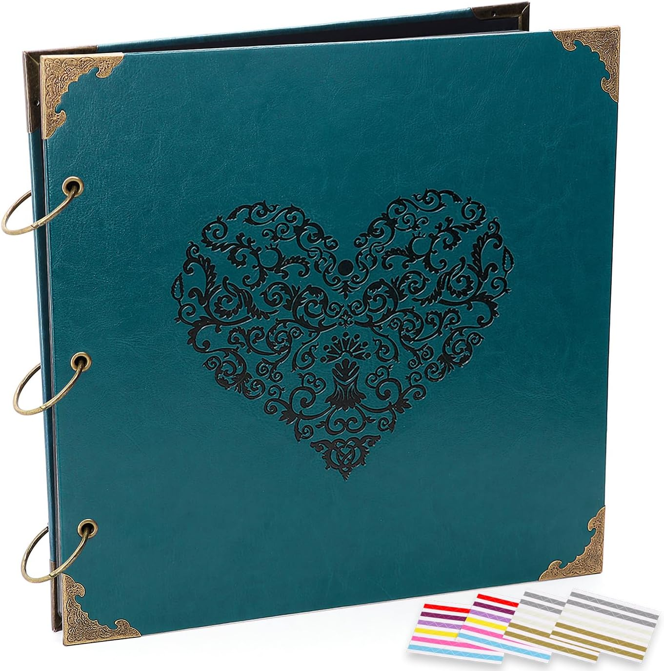 Photo Album or DIY Scrapbook (10X10 Inch 50 Pages Double Sided), Vintage Leather Cover Three-Ring Binder Picture Booth Albums with 9 Colors 408Pcs Self Adhesive Photos Corners for Memory Keep