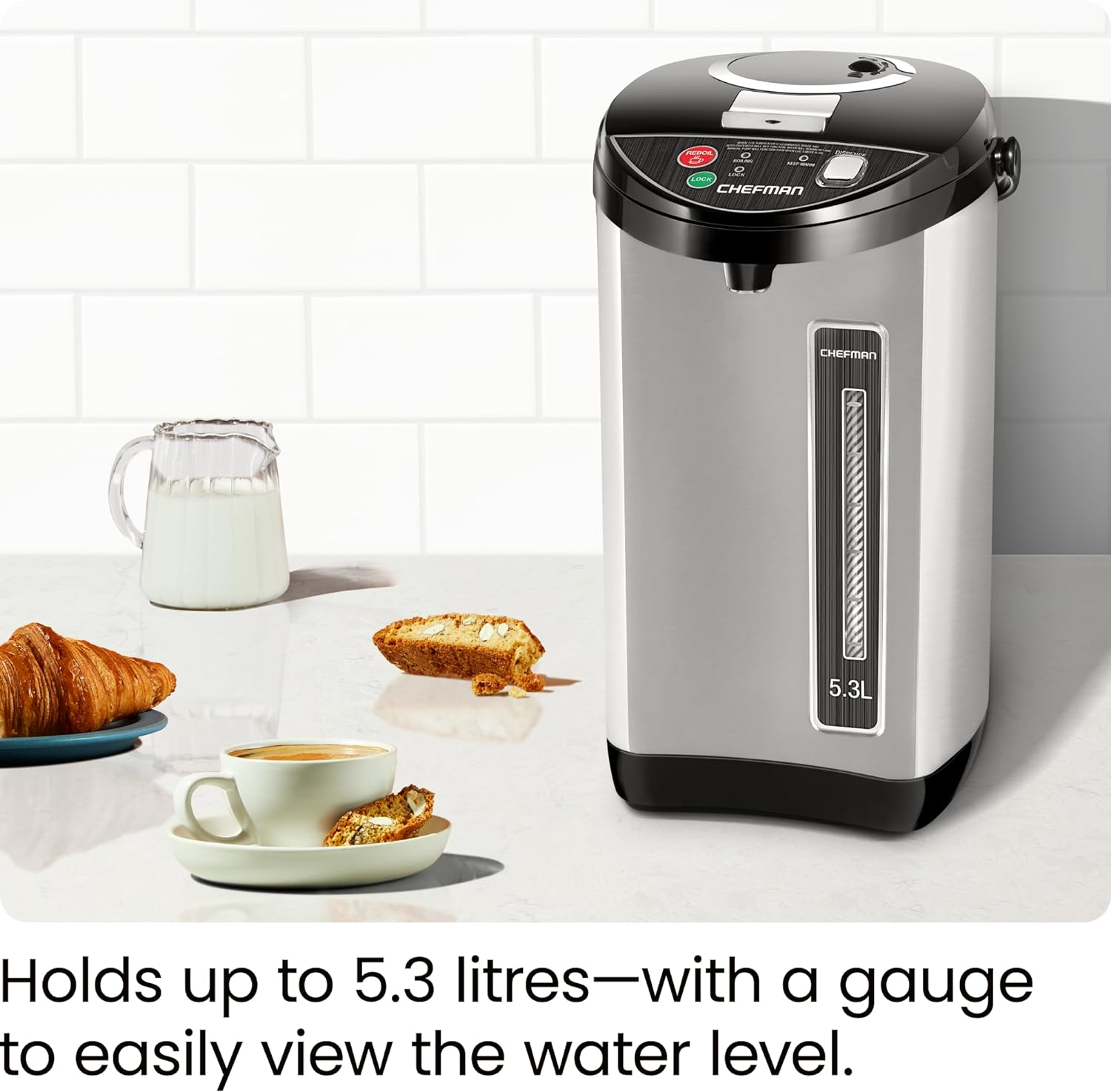 Chefman 5.3L Electric Hot Water Dispenser Urn W/Auto & Manual Dispense Buttons, 1700W, Safety Lock, Instant Heating, Auto-Shutoff/Boil Dry Protection, Insulated Stainless Steel - for Home & Office image number 3