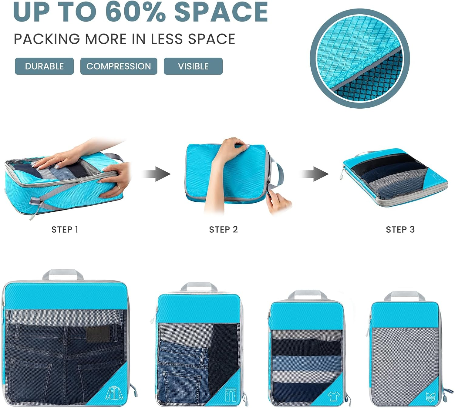 6 Set Ultralight Compression Packing Cubes, Travel Packing Cubes with Shoe Bag, Mesh Luggage Organisers Suitcase Accessories for Camp Travel Essentials Blue image number 5