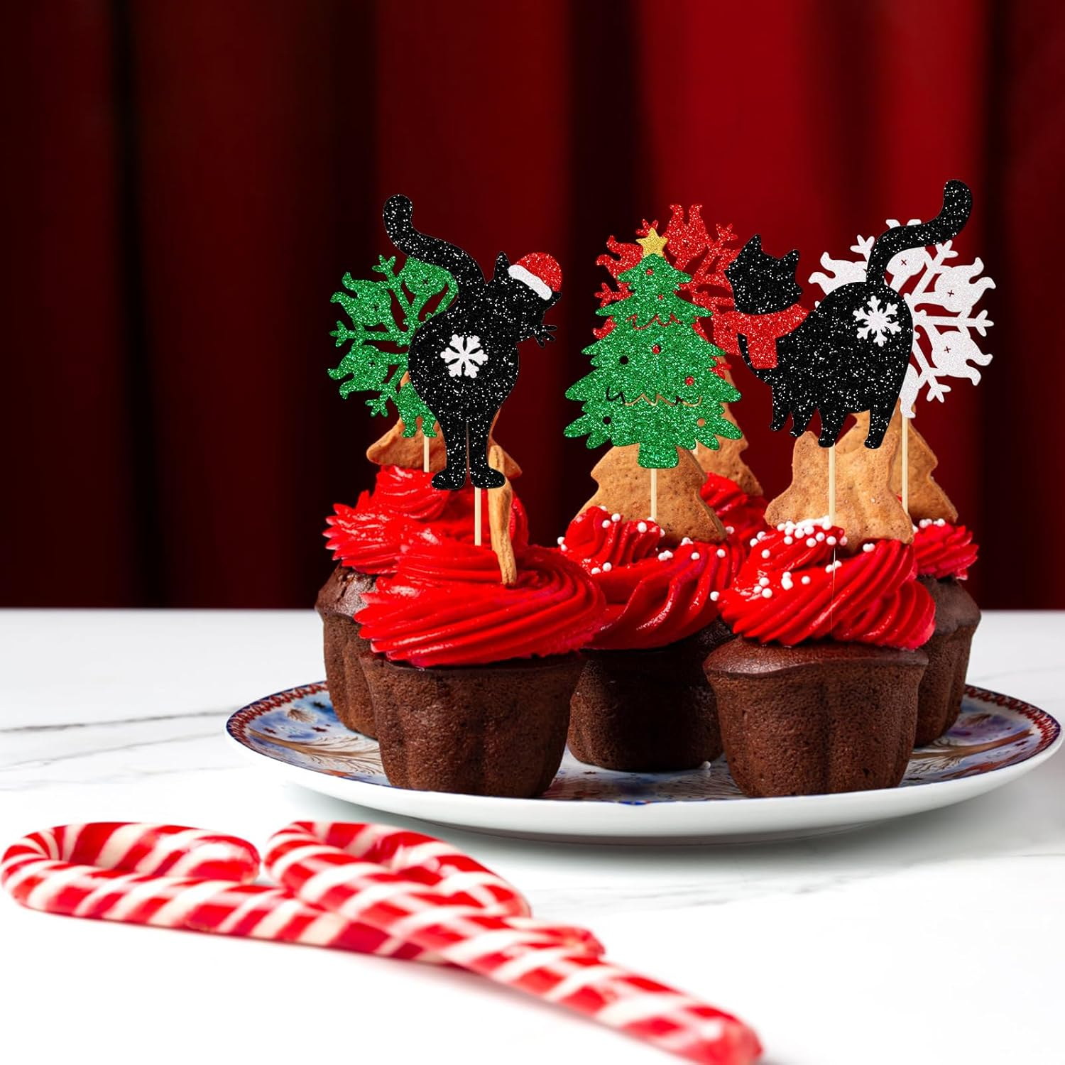 Black Cat Christmas Cupcake Toppers, Christmas Cat Party Decorations, Meow Christmas Party Decor, Christmas Cupcake Toppers for Cat Lovers, 24Pcs image number 2