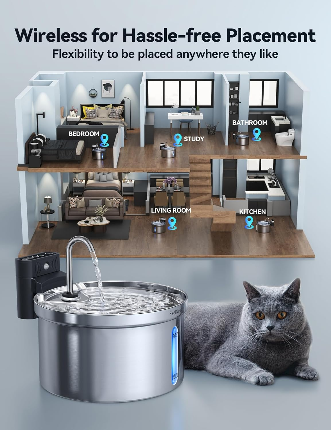 FEELNEEDY Stainless Steel Cat Water Fountain with 6 Filters, 3.5L/118Oz 4000Mah Battery Operated Cat Water Fountain with Motion Sensor, Water & Battery Separation (Fn-W08L-Stainless Steel+6 Filters) image number 5