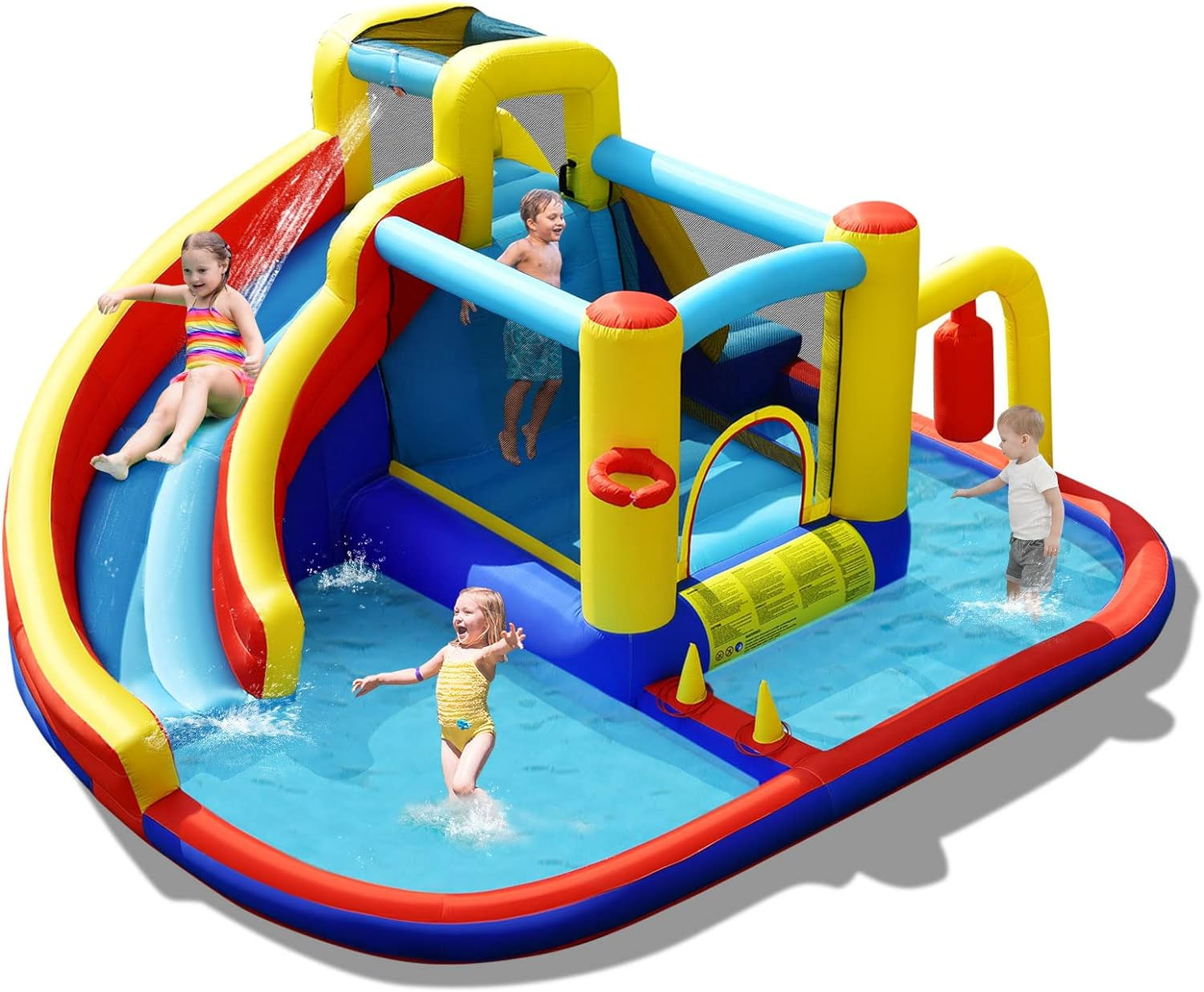 HONEY JOY 6 in 1 Inflatable Water Slide Water Park, Kids Jumping Castle Splash Pool W/Climbing Wall, Water Cannon, Basketball Hoop, Inflatable Bounce House Outdoor for Children (Without Blower) image number 5