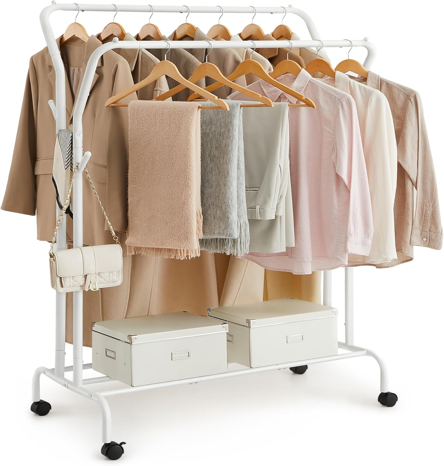SONGMICS Clothes Rail, Clothes Rack, Double Clothes Hanging Rail, Heavy-Duty Metal Frame, with Wheels and Shelf, 100 Kg Total Max. Load, 103.5 Cm Wide, Clothing Storage, White HSR107W01