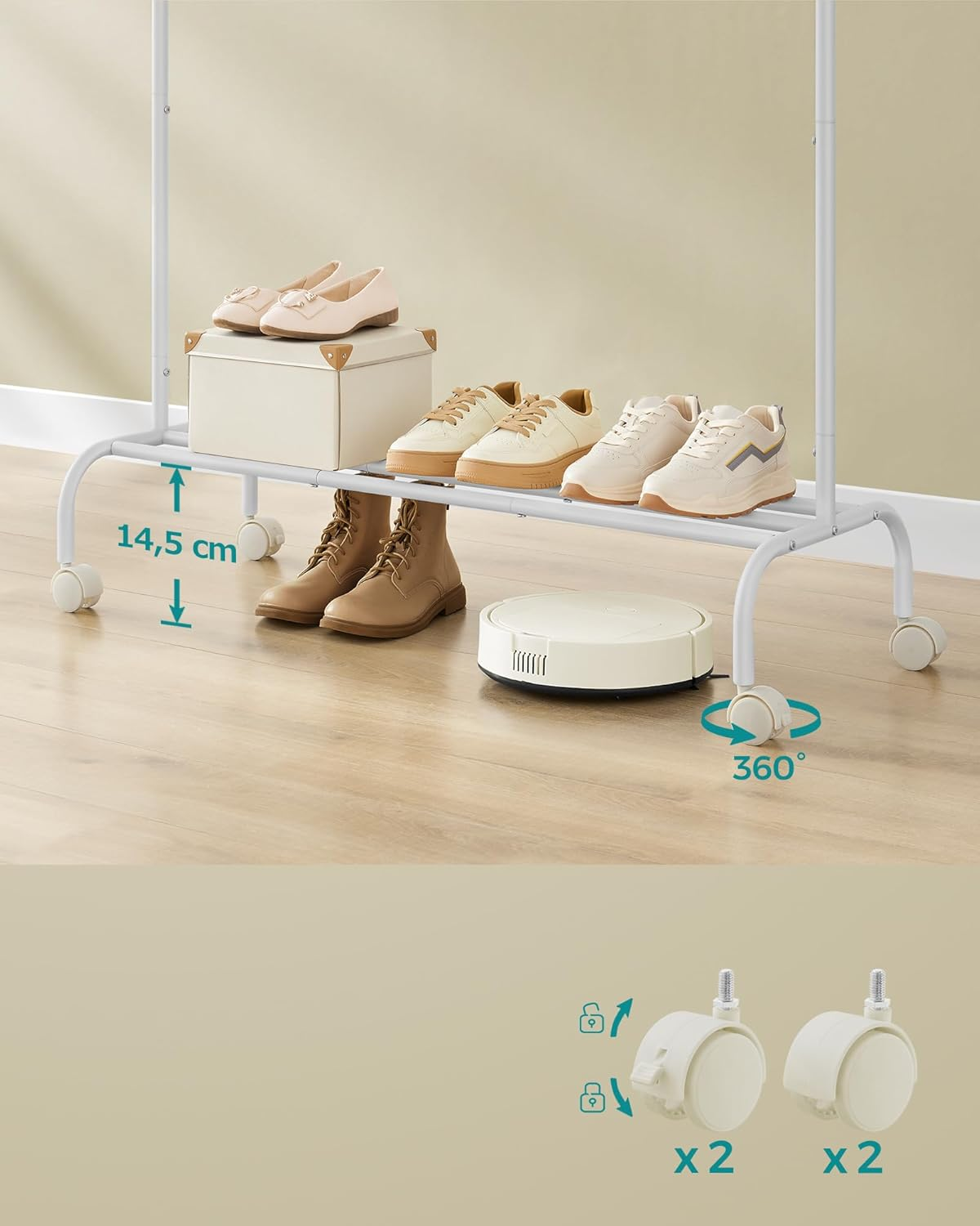 SONGMICS HSR131W01 Clothes Rack on Wheels, Clothes Rail, Coat Rack Made of Steel Tubes, Maximum Load 50 Kg, 103.5 Cm Wide, Multifunctional Storage, White - Ink Black image number 2