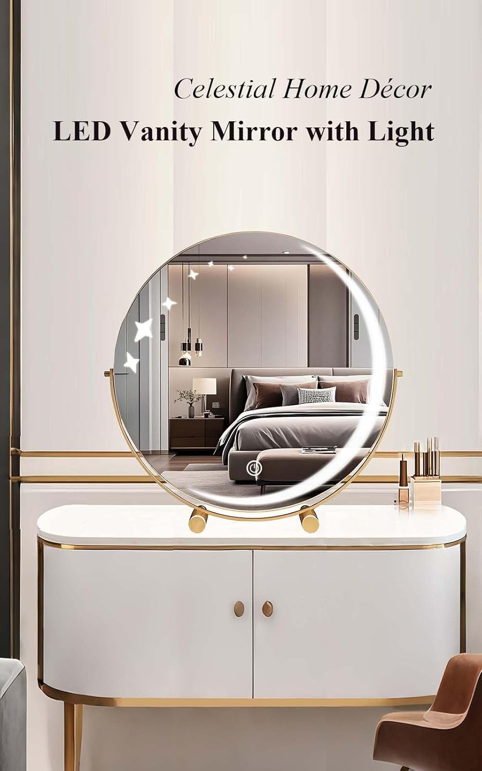 LED Vanity Mirror with Starry Sky Lights Crescent Moon 3-Color Adjustable Makeup Mirror round HD Mirror for Girls (Starlight,Gold 30Cm)