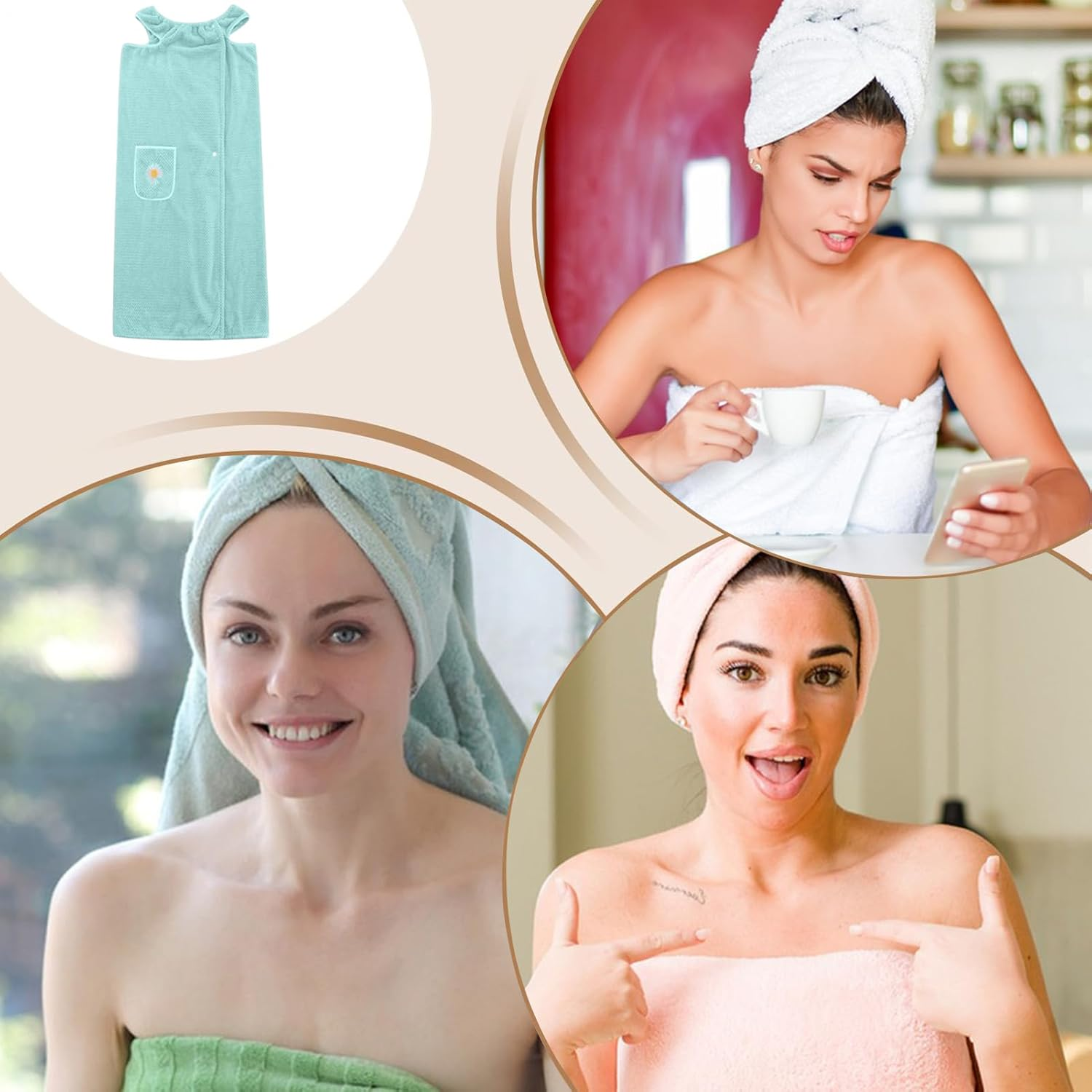 Womens Wearable Bath Towel, with Pockets Bathrobe Bath Towel Wrap, Bathtub Shower Dress, Absorbent Bathing Skirt for Sauna Spa Shower,Bath Towels,Suitable for Home, Swimming, Beach (Pink) - Green image number 6