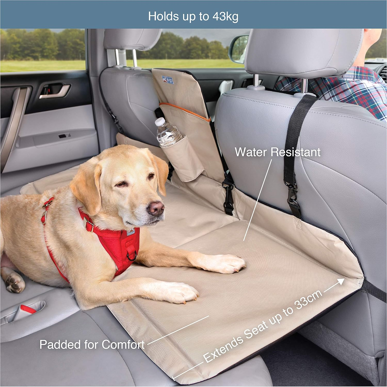 Kurgo K01137 Dog Backseat Bridge Car Extender| Padded Pet Car Barrier | Reversible | Water Resistant | Universal Fit | Cup Holder and Pocket | up to 100 Lbs | Black/Hampton Sand Khaki image number 4
