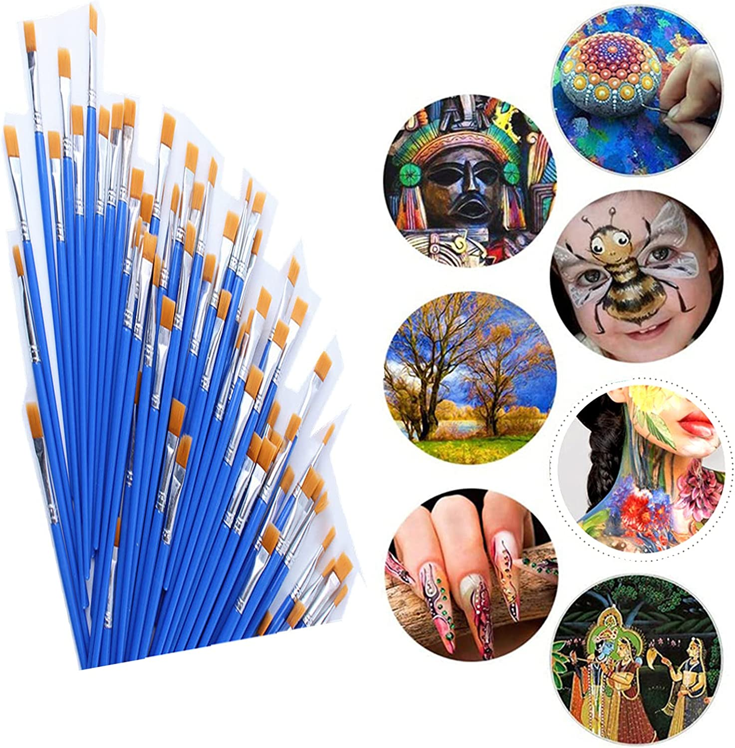 60 Pcs Flat Paint Brushes with Nylon Hair,Small Brush Bulk for Detail Painting,Short Plastic Handle,Acrylic Oil Watercolor Fine Art Painting for Kids,Students,Starter,Teens, Adults image number 1