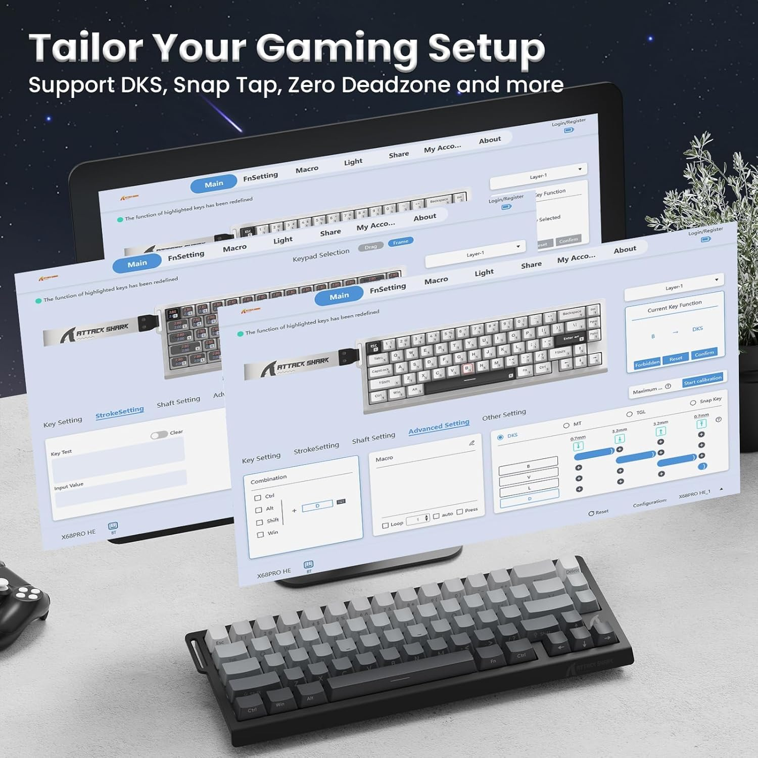 MAMBASNAKE X68 PRO HE Magnetic Gaming Keyboard, 60% Wireless Mechanical Keyboard with Tri-Mode Connection, Rapid Trigger Hall Effect Switches, 8Khz Polling, Low Latency for FPS MOBA Rts-Moonlit Night - Black Red image number 2