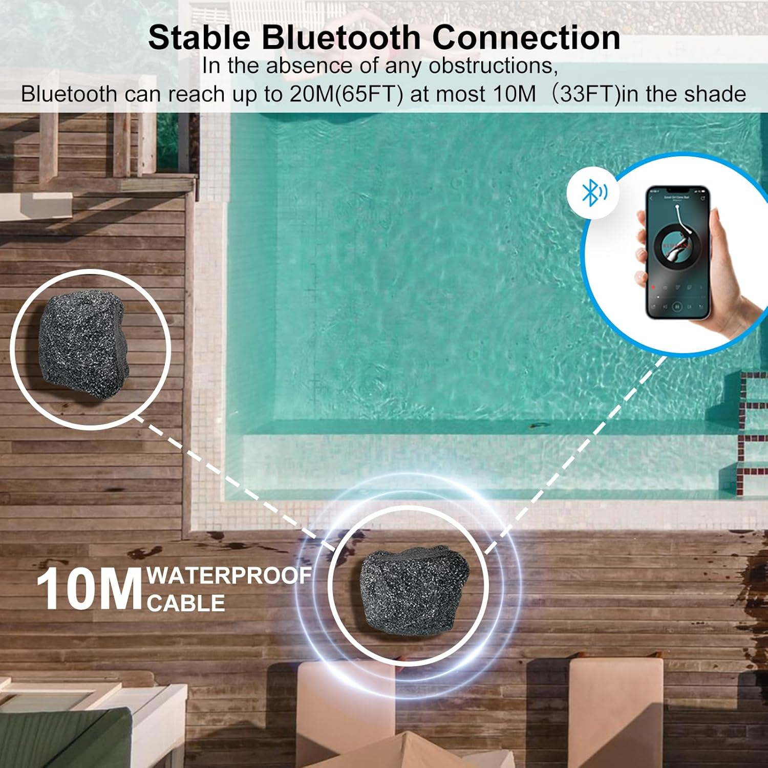 Herdio Outdoor Rock Bluetooth Speakers IPX7 Waterproof 200 Watt Resin Material All Weather for Deck Pool Backyard Patio Garden BBQ (1 Pair) image number 5