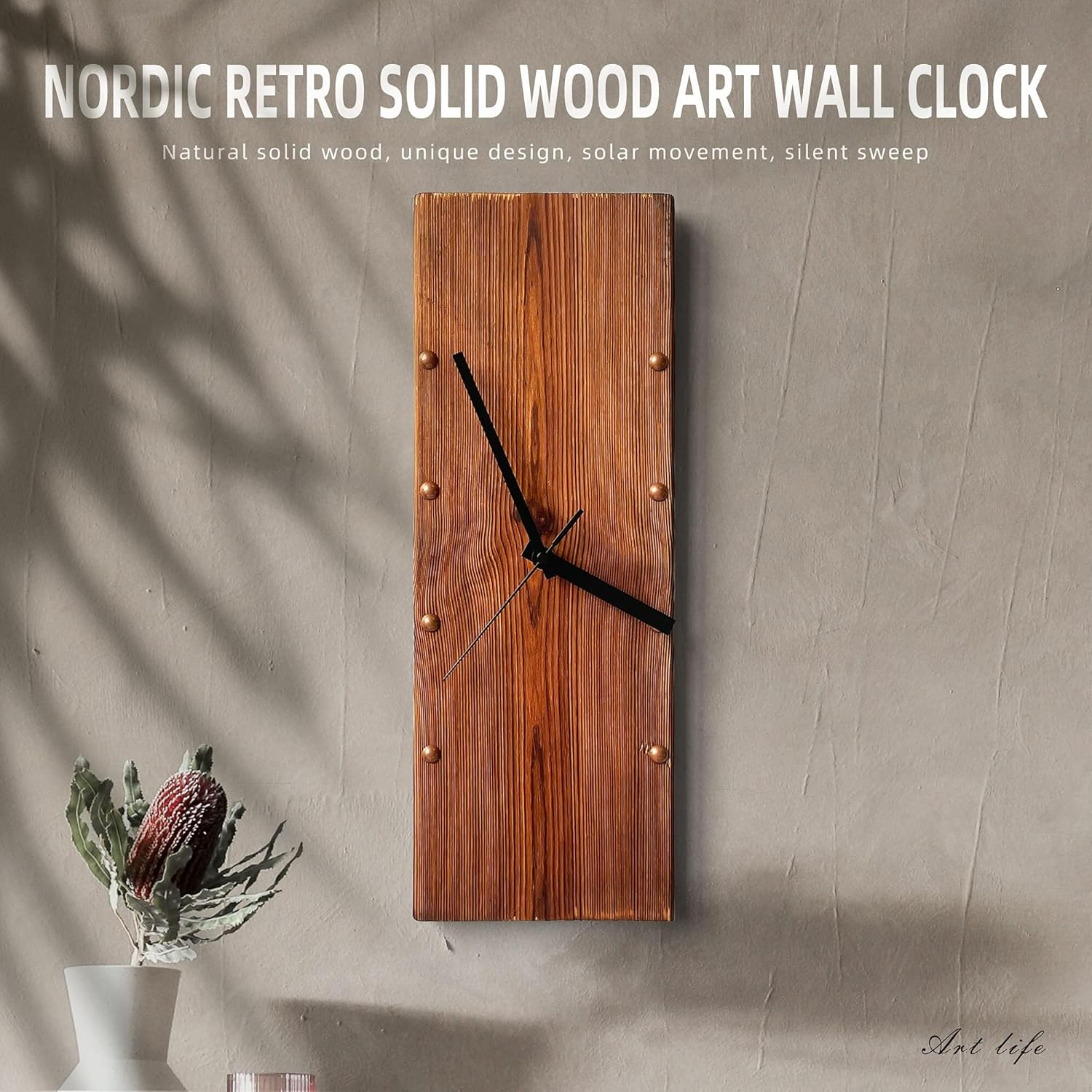 KOLYMAX Wooden Wall Clock Silent Non-Ticking, Frameless Rectangle Art Wall Clocks Farmhouse Wall D&eacute;cor，Handmade Clocks Decorative for Home Living Room Kitchen Office, 5.78 X16.6Inch Rustic image number 4