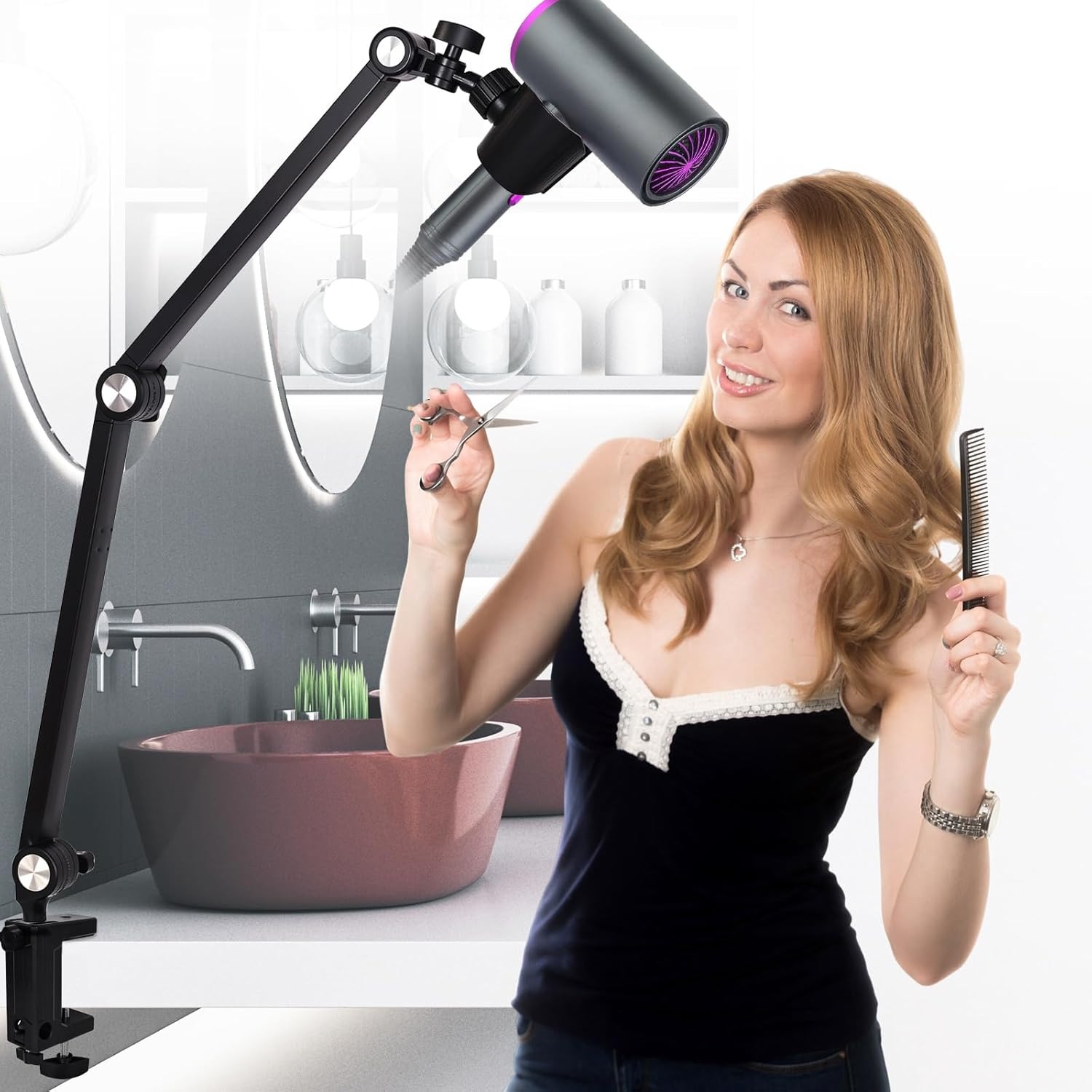Hair Dryer Clamp Stand - Multi Angle Adjustable Stand, Multifunctional Stand, Carbon Alloy Arm, Plastic Base Mount, Allow You to Dry Hair Hand Freely image number 2