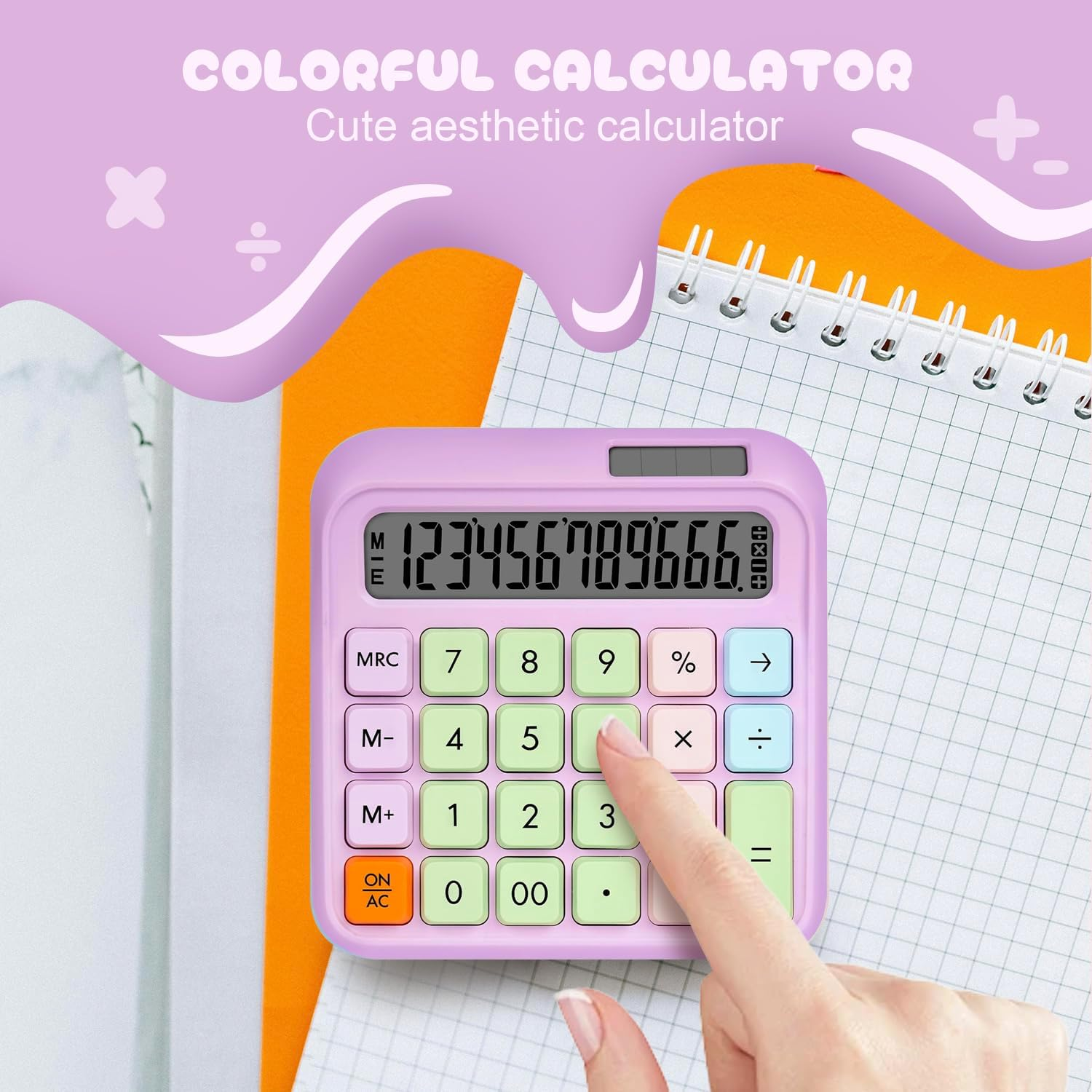 Sonicefit Mechanical Switch Basic Calculator 12 Digits, Solar/Battery Dual Power, Tactile Keys & Large LCD Display, Cute Aesthetic Desktop Calculators for Office School Business Home (Purple) - Blue image number 6