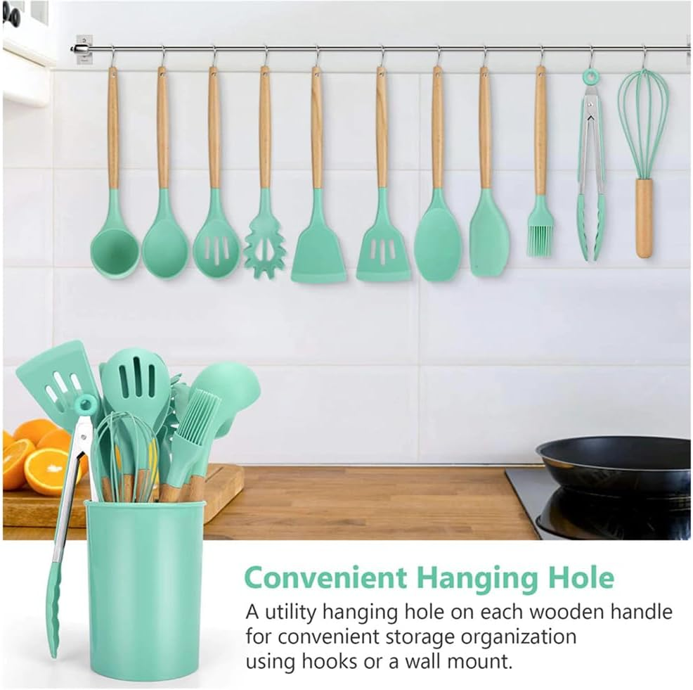 12PCS Green Silicone Kitchen Utensil Set with Wooden Handles - Non-Stick, Heat-Resistant Cookware Tools, Including Spatula, Turner, Tongs, and Spoon Set with Holder image number 2