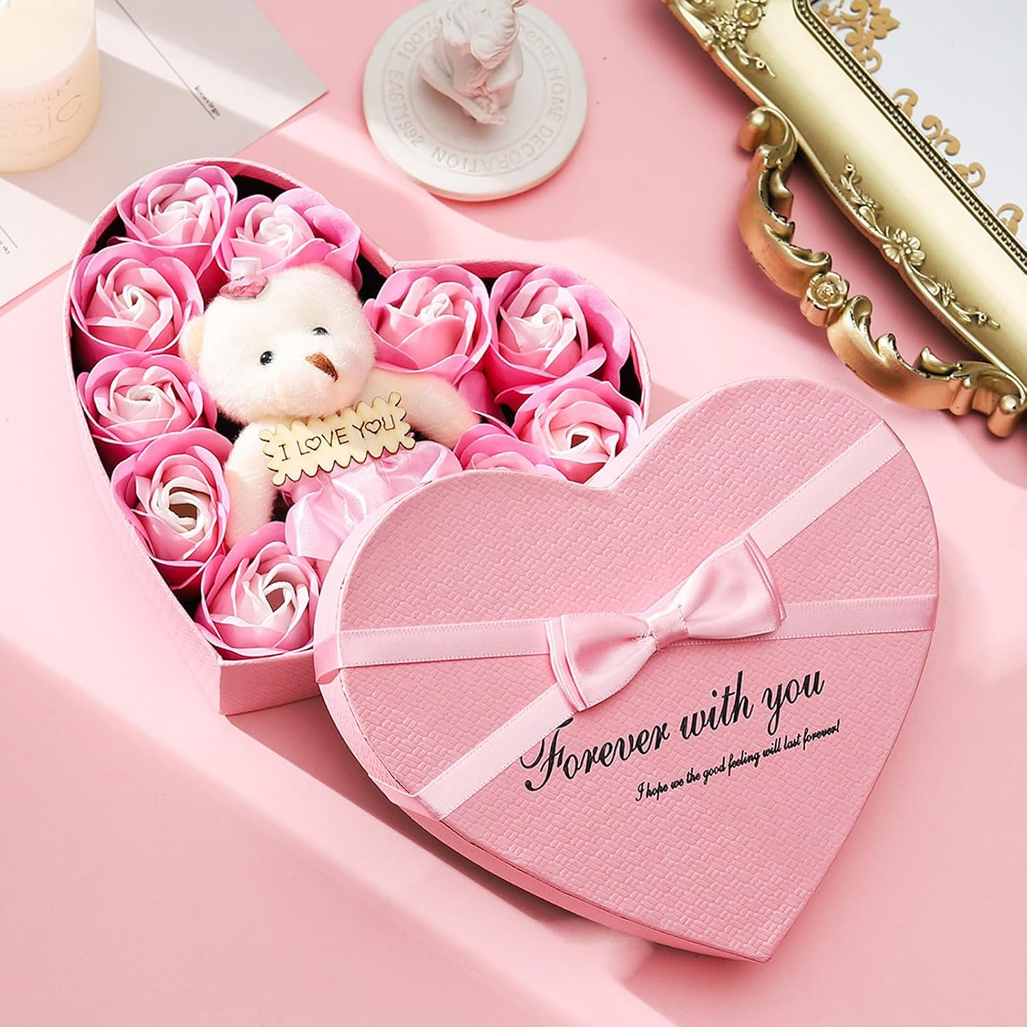 Lopsity Rose Bear with Heart Box Romantic Roses Flower Gift Box with Cute Teddy Bear for Mothers Day Anniversary Birthday Valentines Day Gift (Pink) image number 6