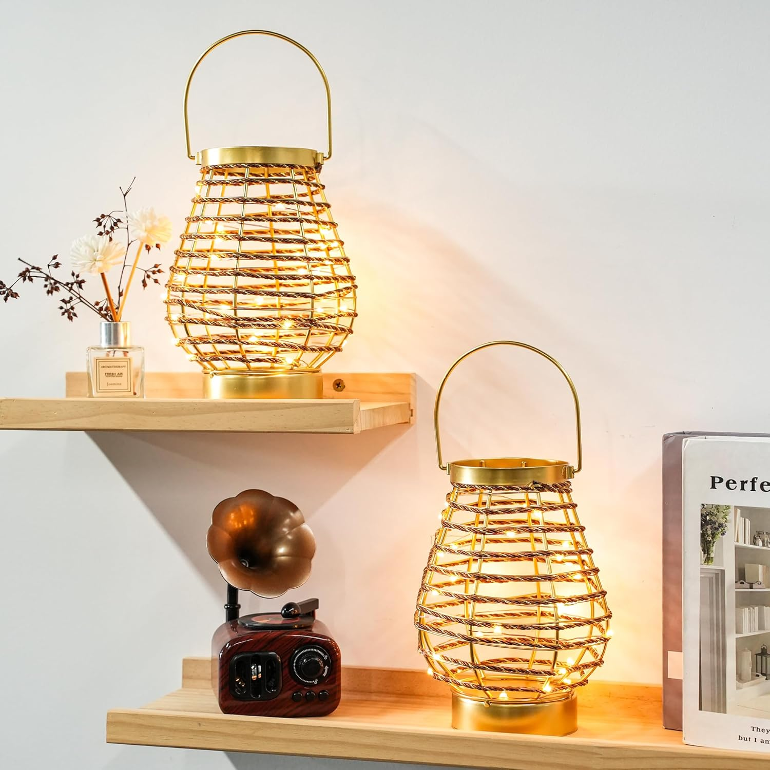 TRIROCKS Metal Table Lamp, Wireless Table Lamp, 19.5Cm High, Set of 2 Cage LED Lanterns with Battery Operated and 6 Hour Timer, Vintage Decoration Lights for Indoor Outdoor Bedroom Wedding image number 4